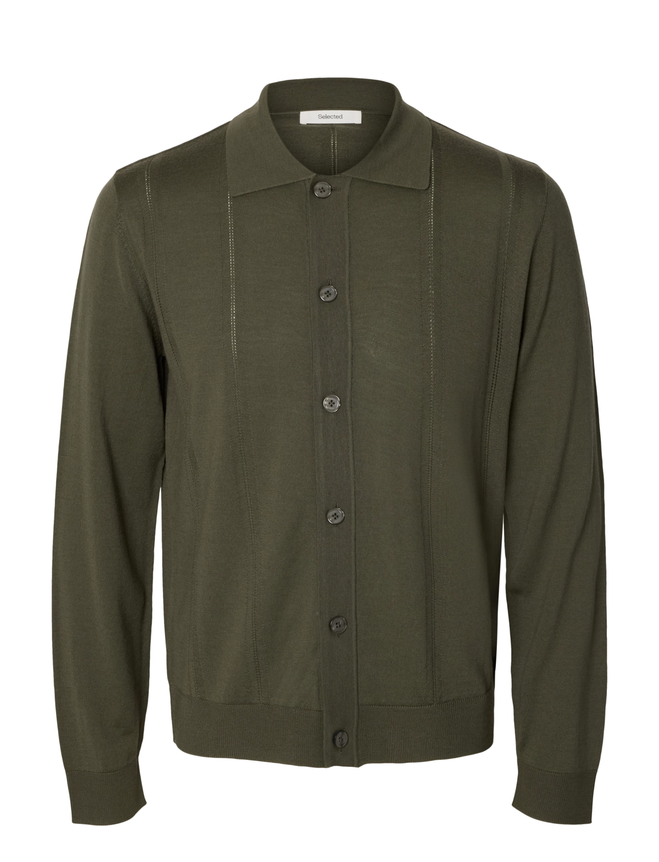 Selected Slmtray Ls Merino Struc Polo Cardigan, M, Knitwear, Khakigrün - Cardigans, Männerswear