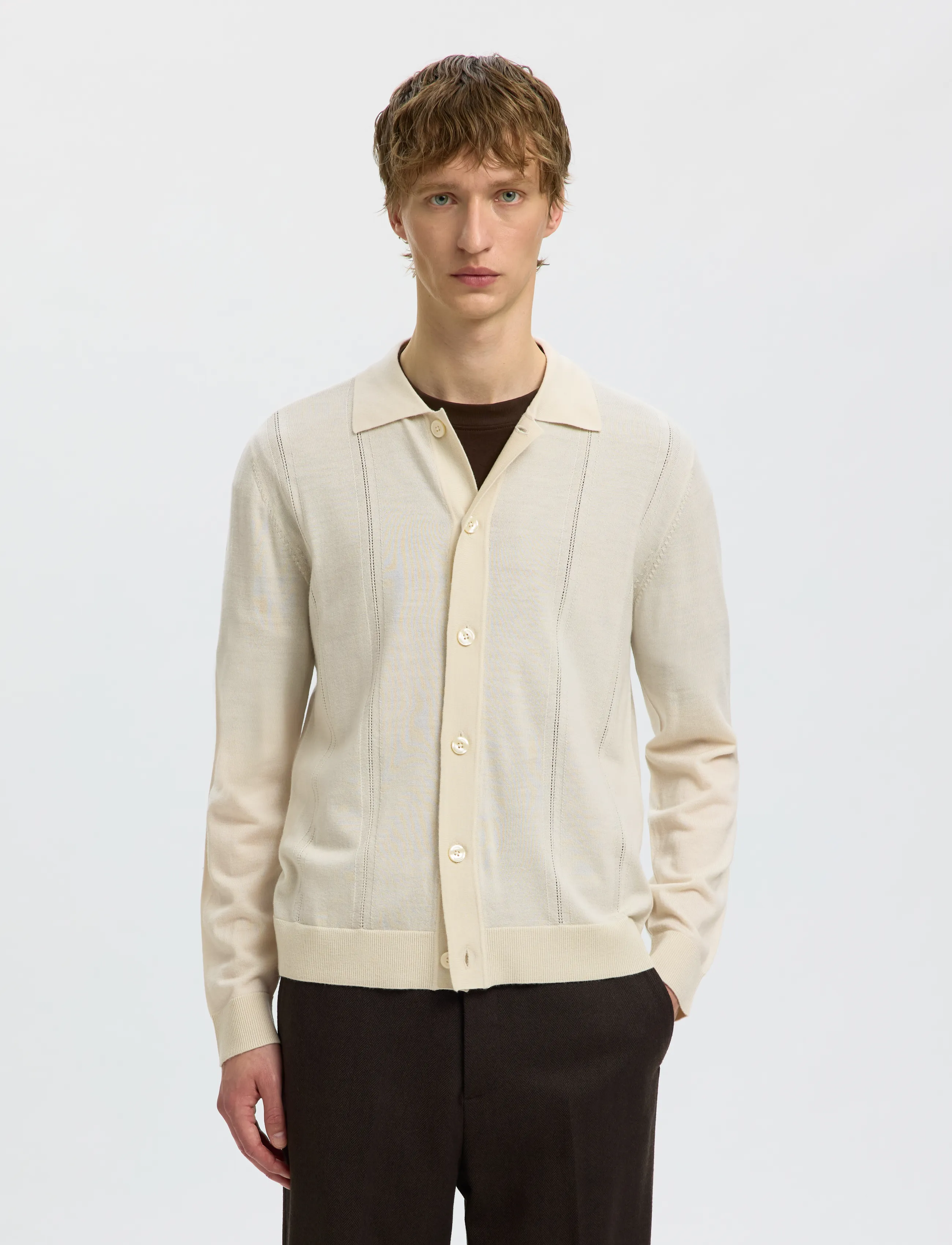 Selected SLMTRAY LS MERINO STRUC POLO CARDIGAN - Pikkade varrukatega kootud polod - SILVER BIRCH / cream