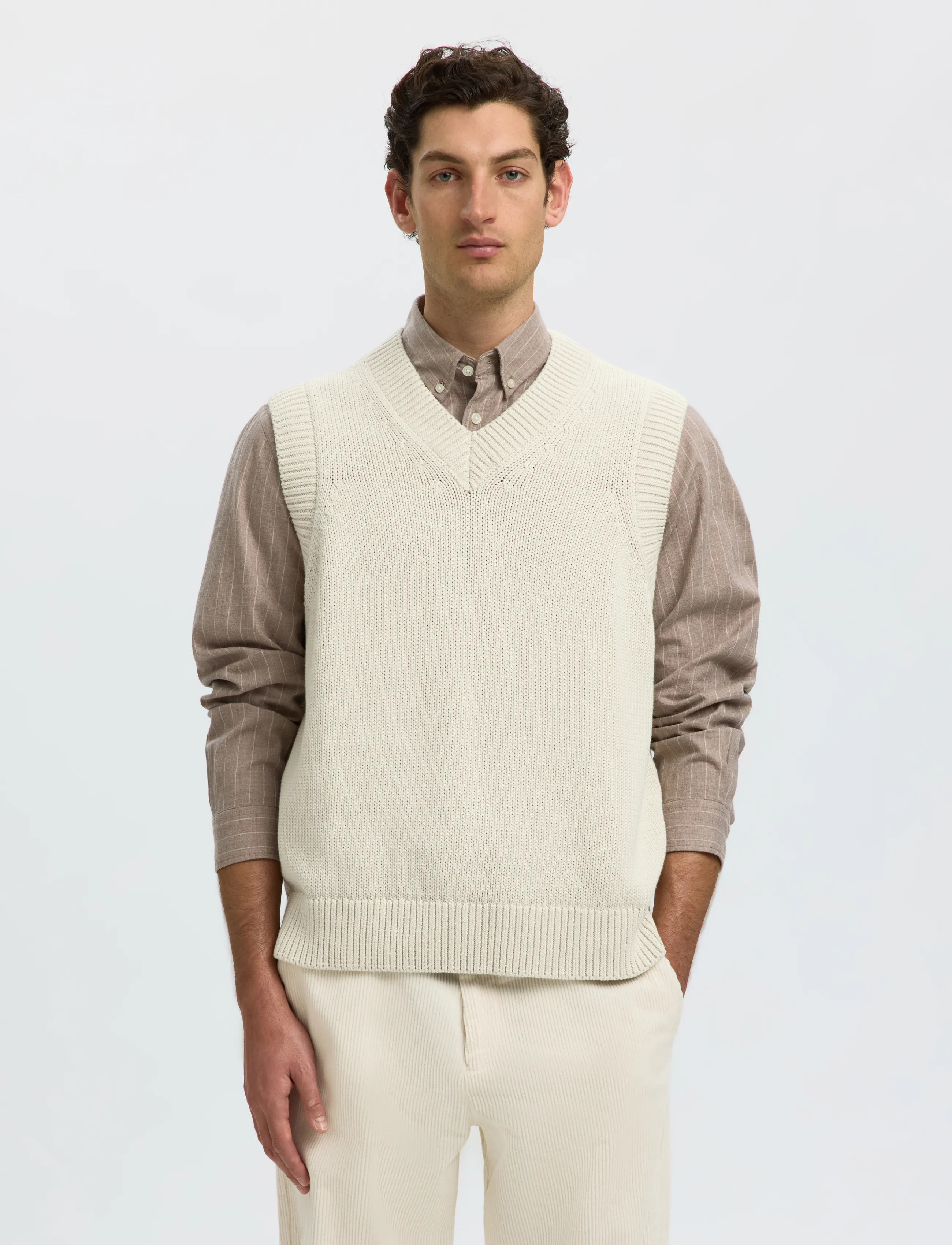 Selected SLMBRAUN HEAVY KNIT VEST - Inspiration - SILVER BIRCH / cream