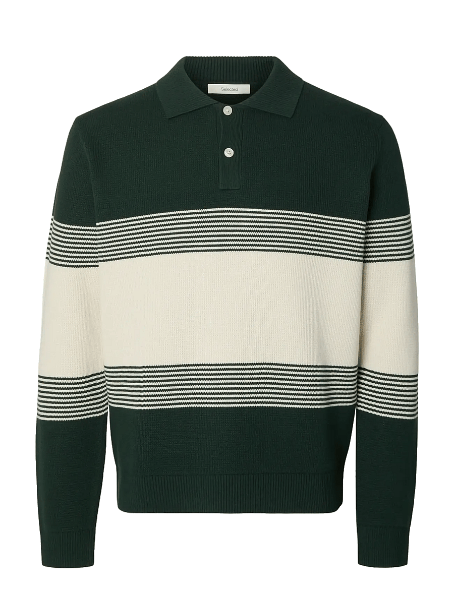 Selected - SLMDANE LS KNIT STRIPE POLO - långärmade stickade pikétröjor - pine grove - 1