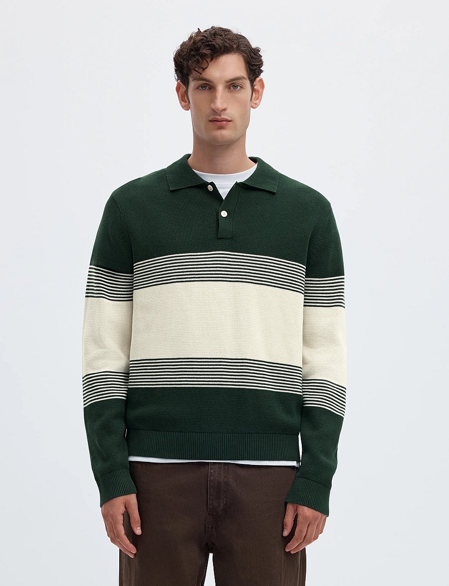 Selected - SLMDANE LS KNIT STRIPE POLO - långärmade stickade pikétröjor - pine grove - 0