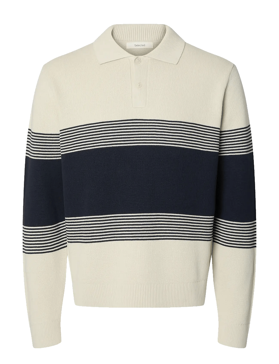 Selected - SLMDANE LS KNIT STRIPE POLO - poloer i strik med lange ærmer - silver birch - 1