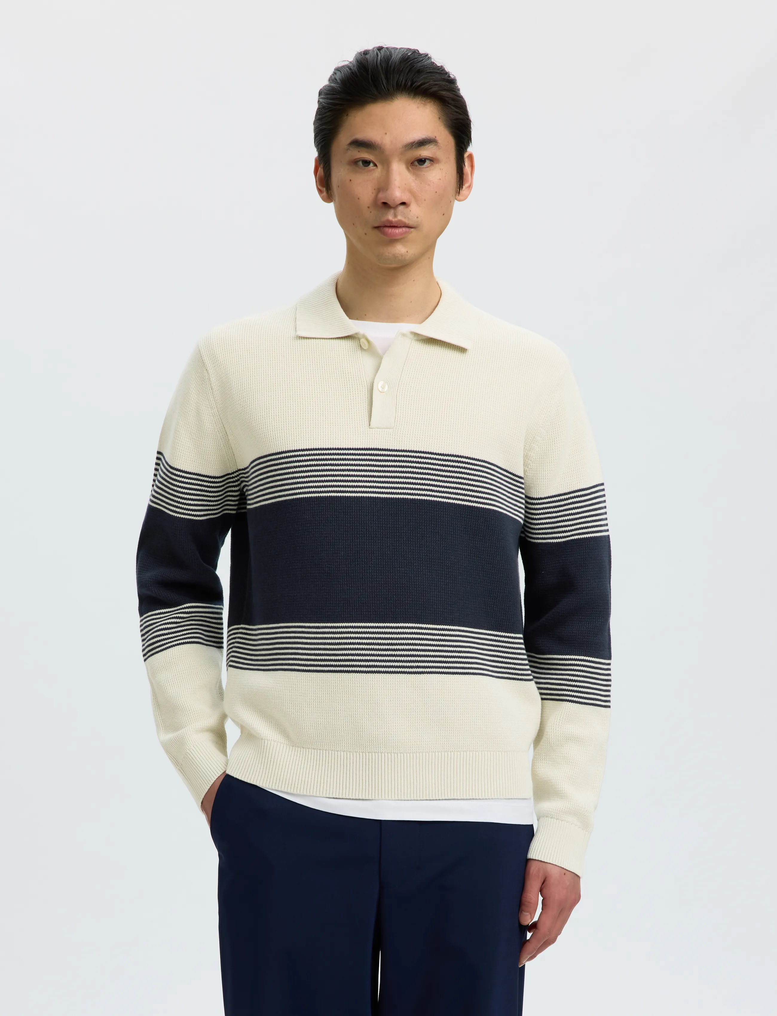 Selected SLMDANE LS KNIT STRIPE POLO - Nach Stil kaufen - SILVER BIRCH / cream