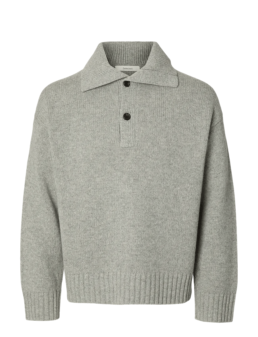 Selected - SLMCODY LS KNIT RLX POLO COLLAR NOOS - långärmade stickade pikétröjor - light grey melange - 1