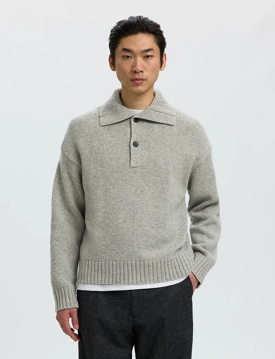 Selected - SLMCODY LS KNIT RLX POLO COLLAR NOOS - långärmade stickade pikétröjor - light grey melange - 0