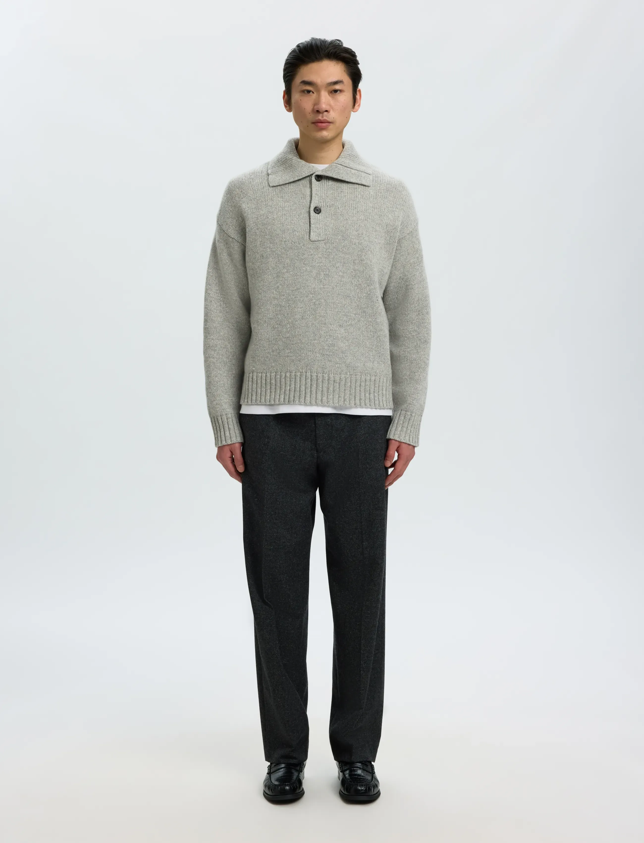 Selected - SLMCODY LS KNIT RLX POLO COLLAR NOOS - långärmade stickade pikétröjor - light grey melange - 3