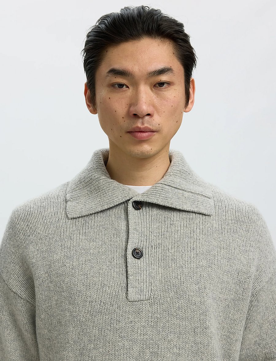 Selected - SLMCODY LS KNIT RLX POLO COLLAR NOOS - långärmade stickade pikétröjor - light grey melange - 4