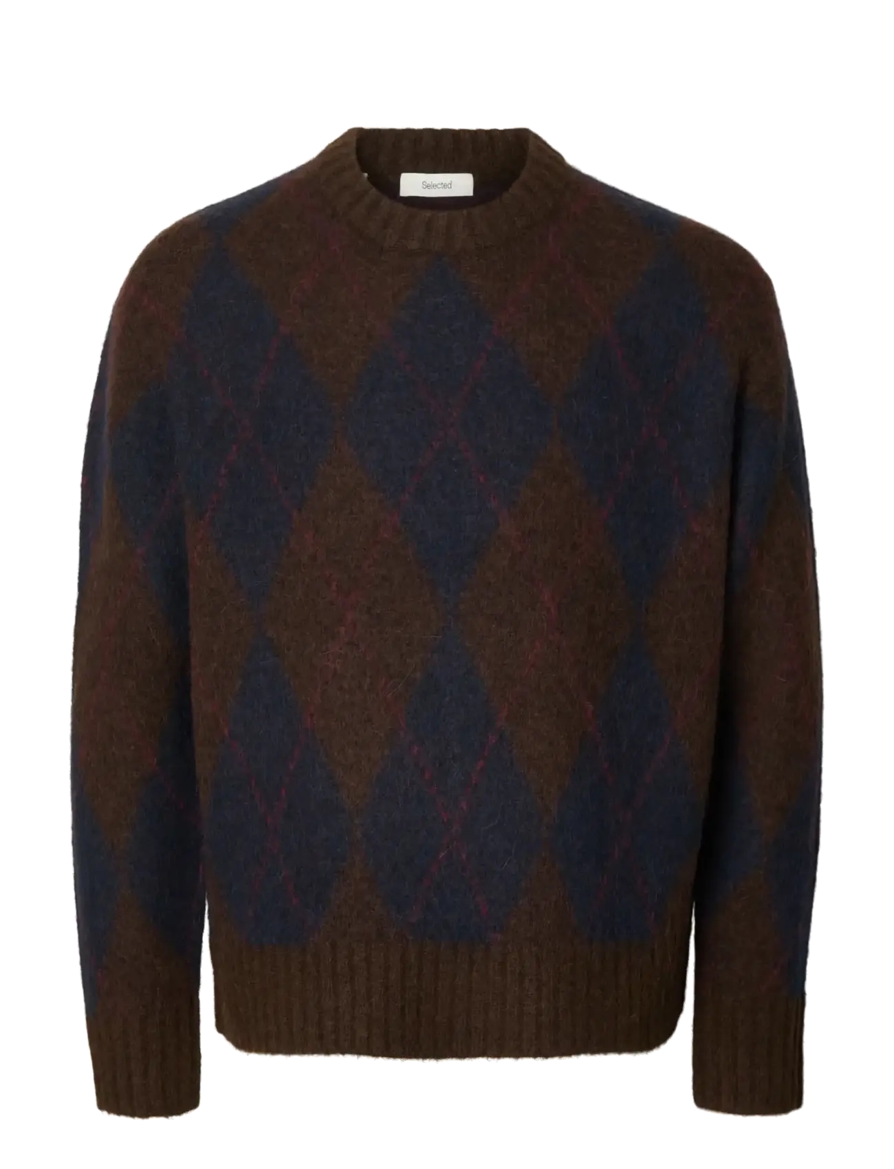 Selected SLMRAI LS KNIT ARGYLE CREW NECK - Riided - DELICIOSO / brown