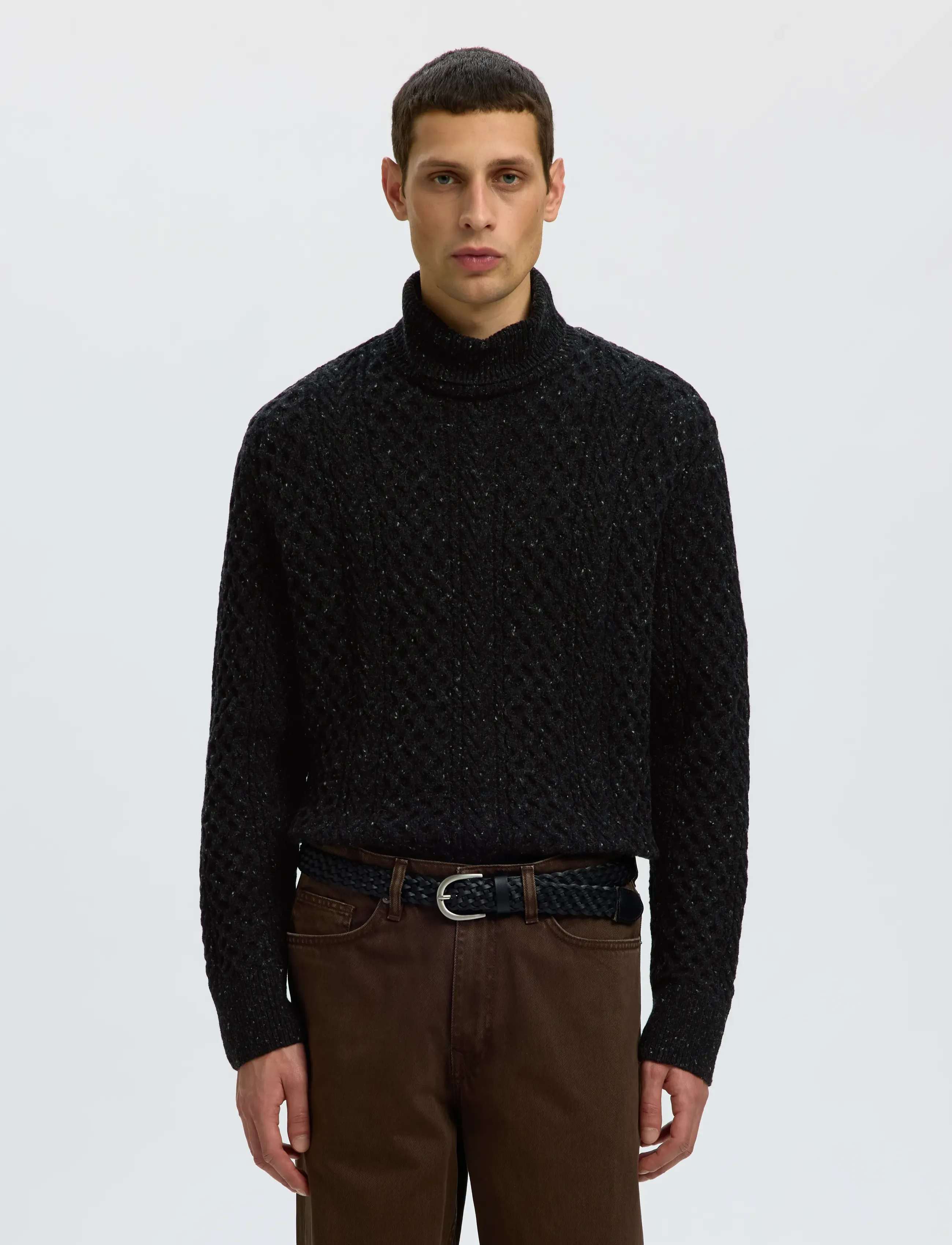 Selected - SLMLAND LS KNIT CABLE ROLL NECK - rollkragenpullover - black - 0