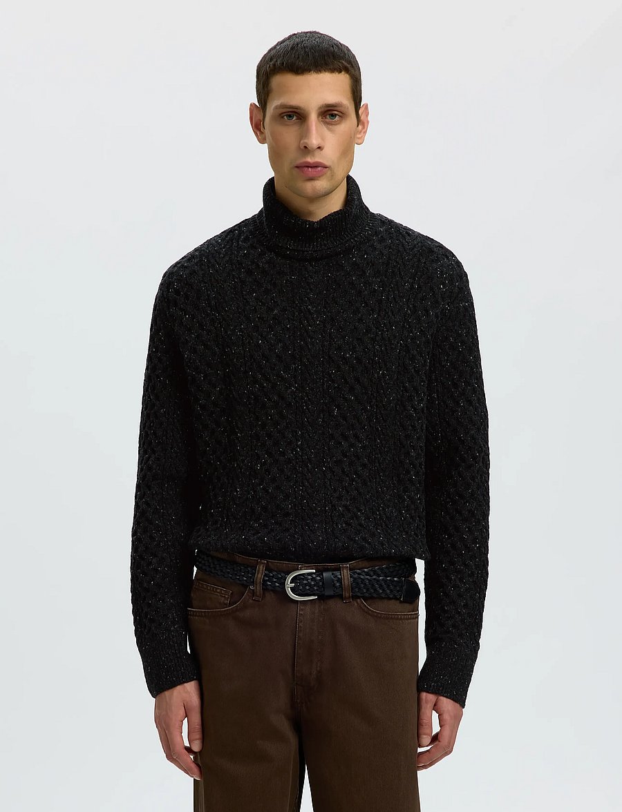 Selected - SLMLAND LS KNIT CABLE ROLL NECK - rollkragenpullover - black - 0