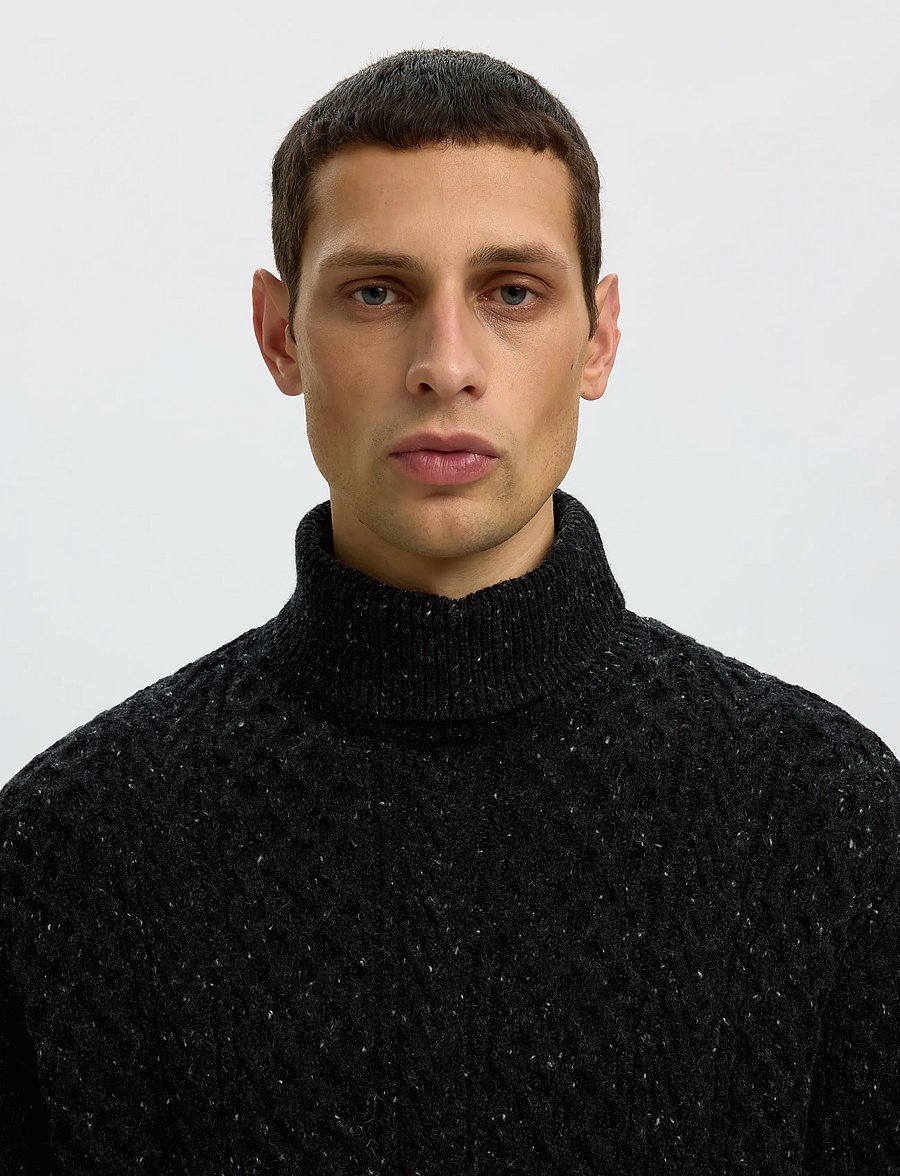 Selected - SLMLAND LS KNIT CABLE ROLL NECK - rollkragenpullover - black - 4