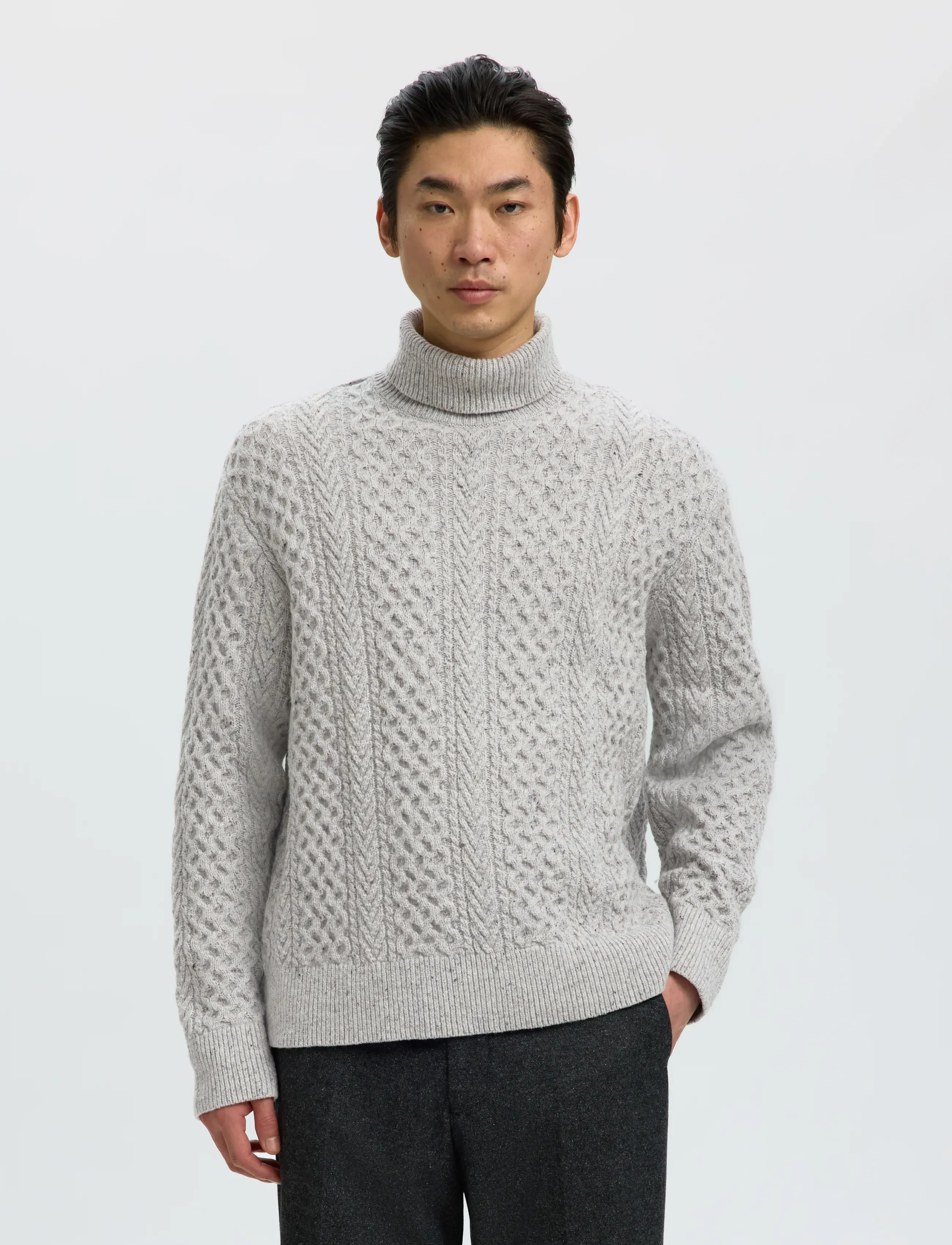 Selected - SLMLAND LS KNIT CABLE ROLL NECK - rollkragenpullover - light grey melange - 0