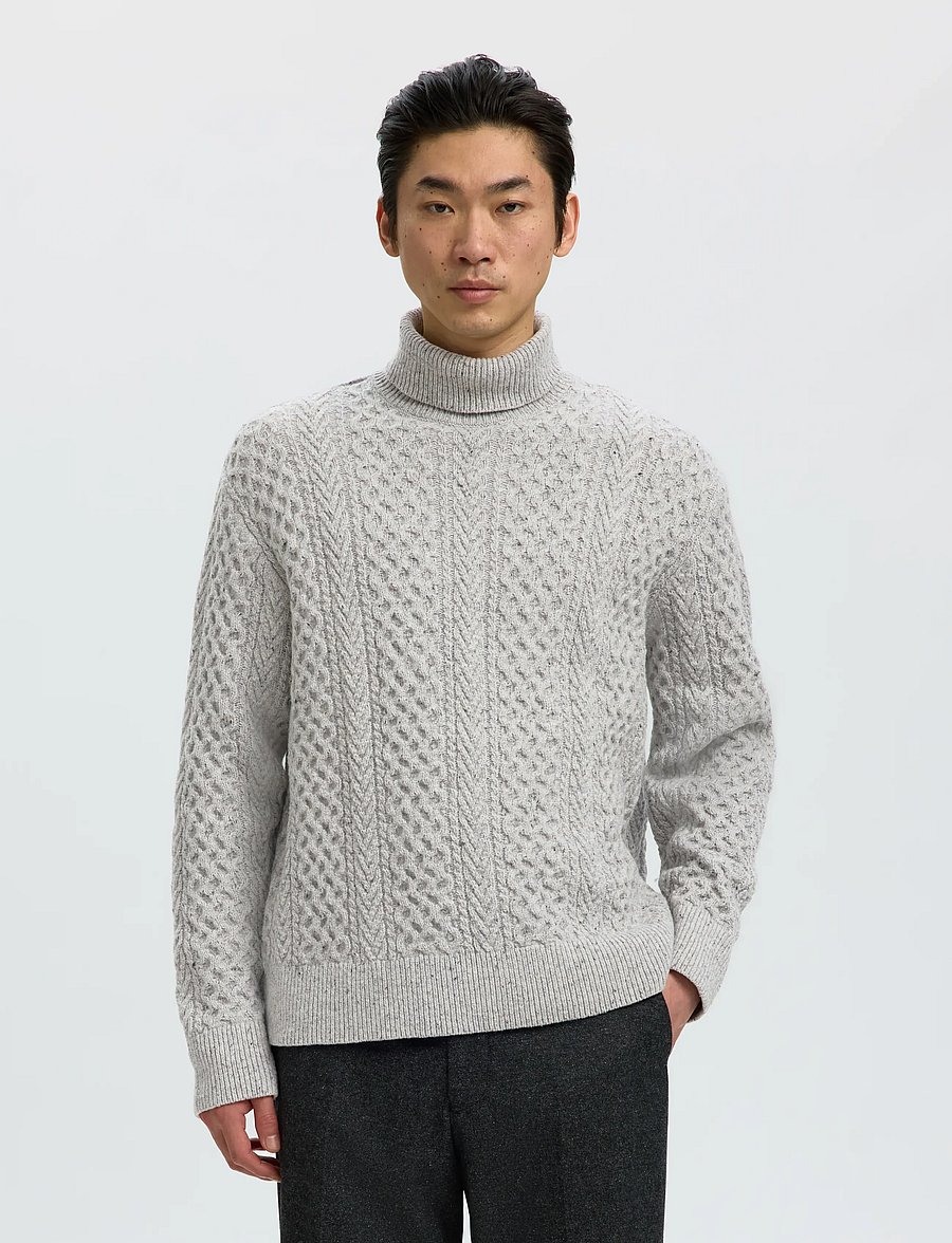 Selected - SLMLAND LS KNIT CABLE ROLL NECK - rollkragenpullover - light grey melange - 0