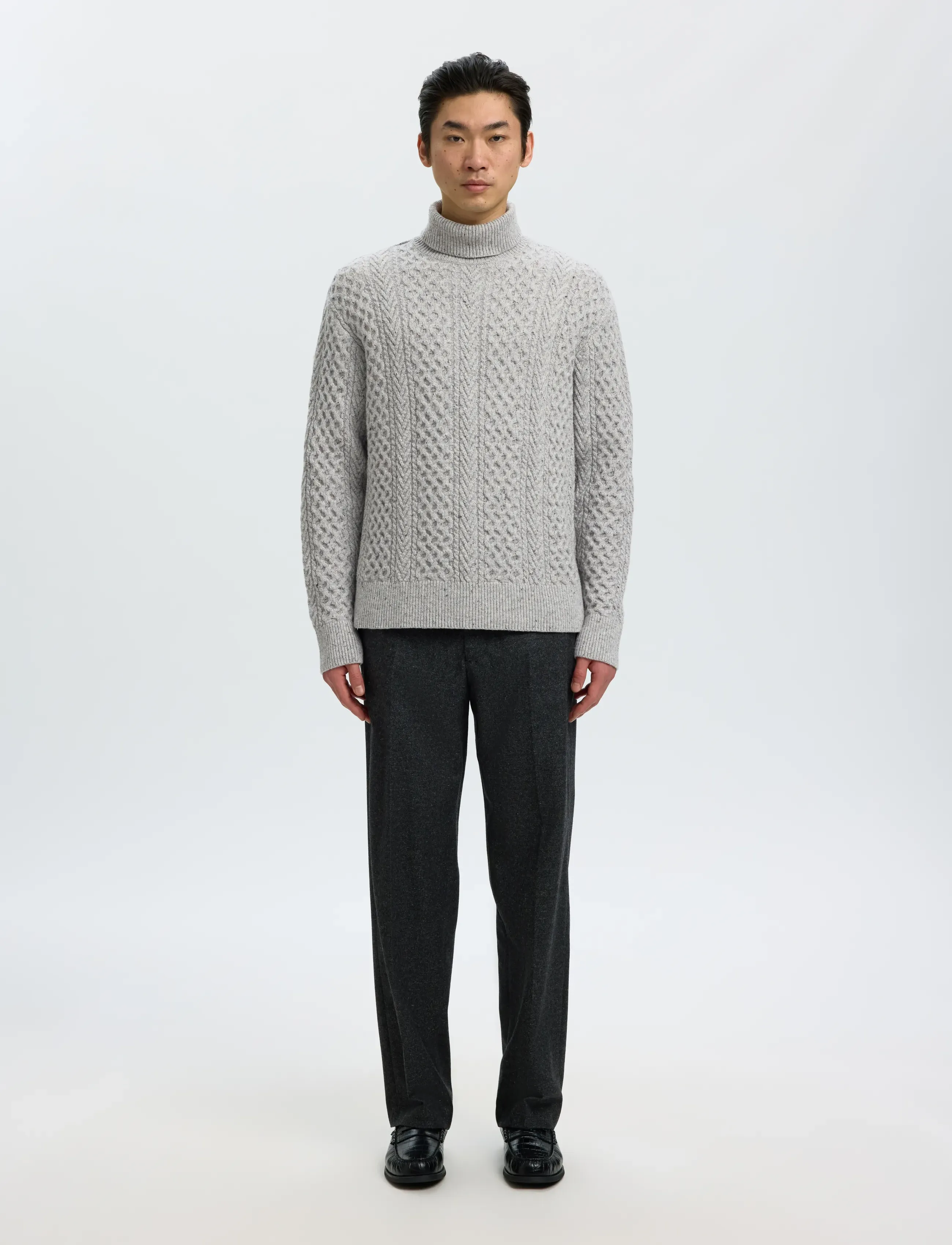 Selected - SLMLAND LS KNIT CABLE ROLL NECK - rollkragenpullover - light grey melange - 3