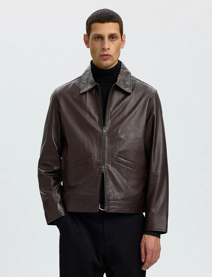 Selected - SLMSCOTT LEATHER JKT - demitasse - 0