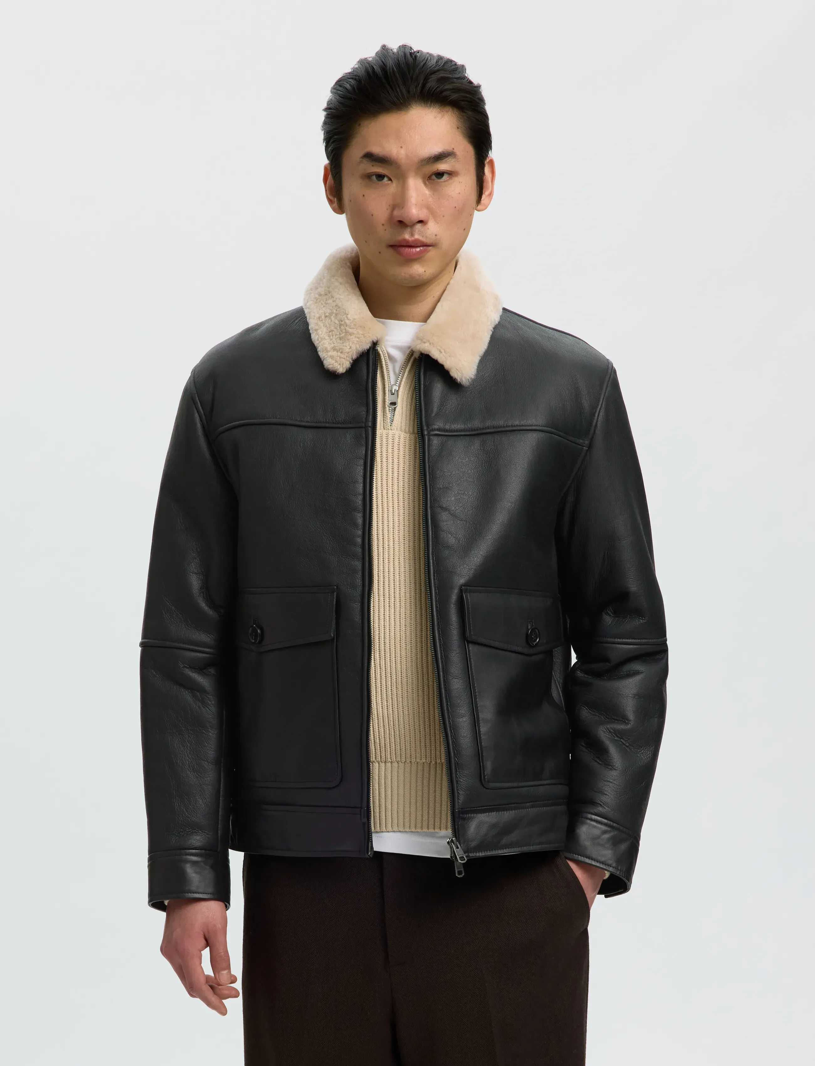 Selected Slmotis Shearling Jkt, Herren, Shearling Lederjacke, Schwarz, Gr.L