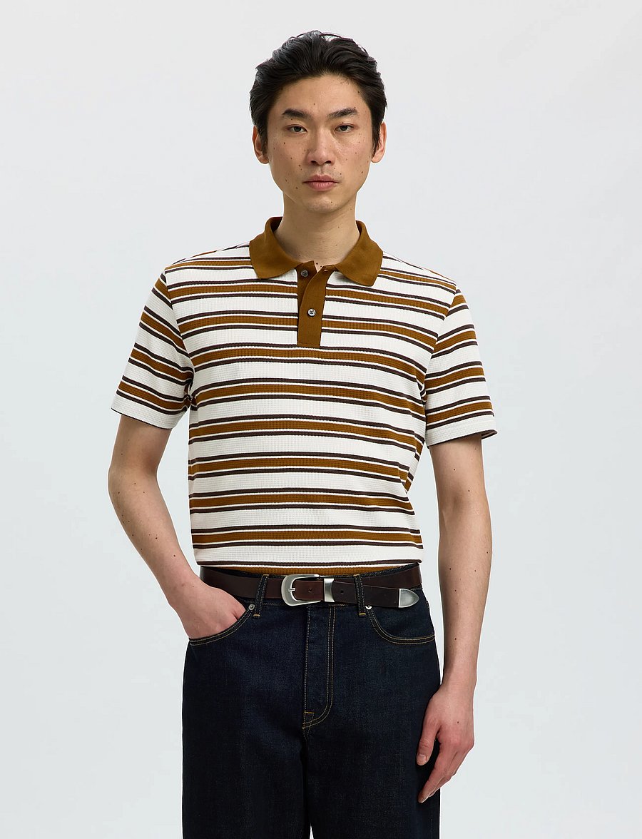 Selected - SLMJASPER STRIPE SS POLO - langärmlige strick-polohemden - egret - 0