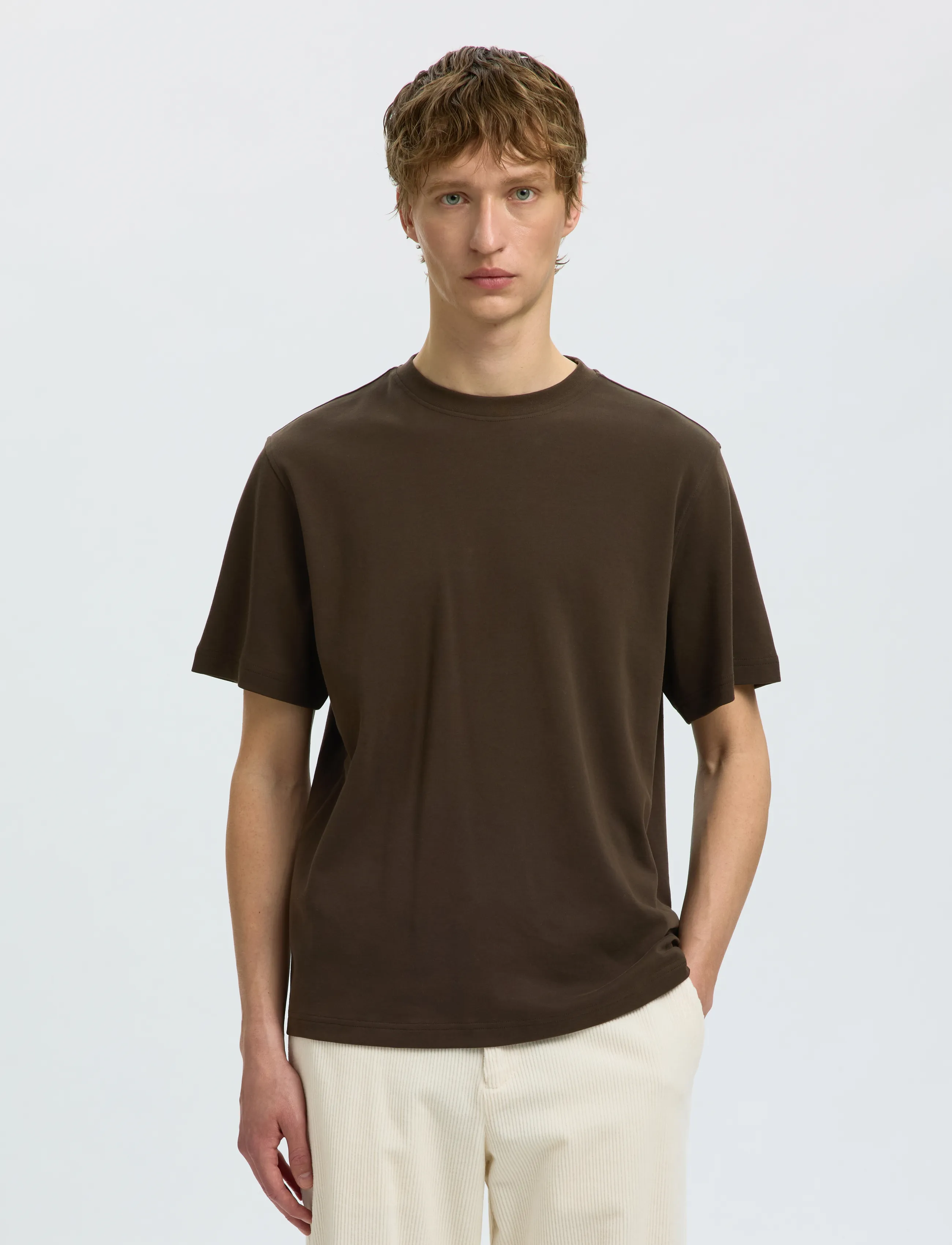 Selected SLMTAJ MID WGT PEACH SS O-NECK TEE NOOS - Selected - TURKISH COFFEE / brown