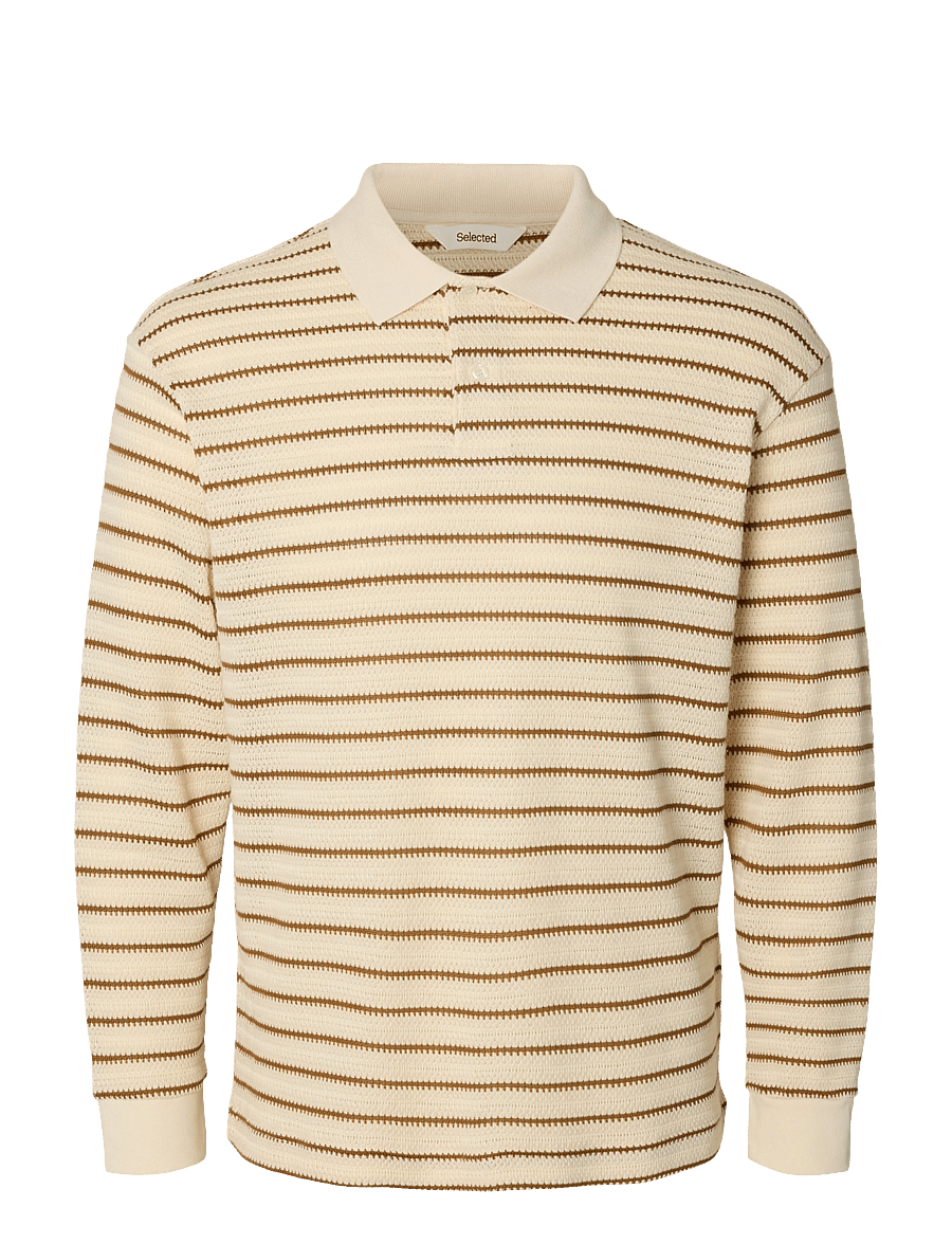 Selected - SLMRELAXLANDON JACQUARD LS POLO - langärmelige strick-polohemden - egret - 0