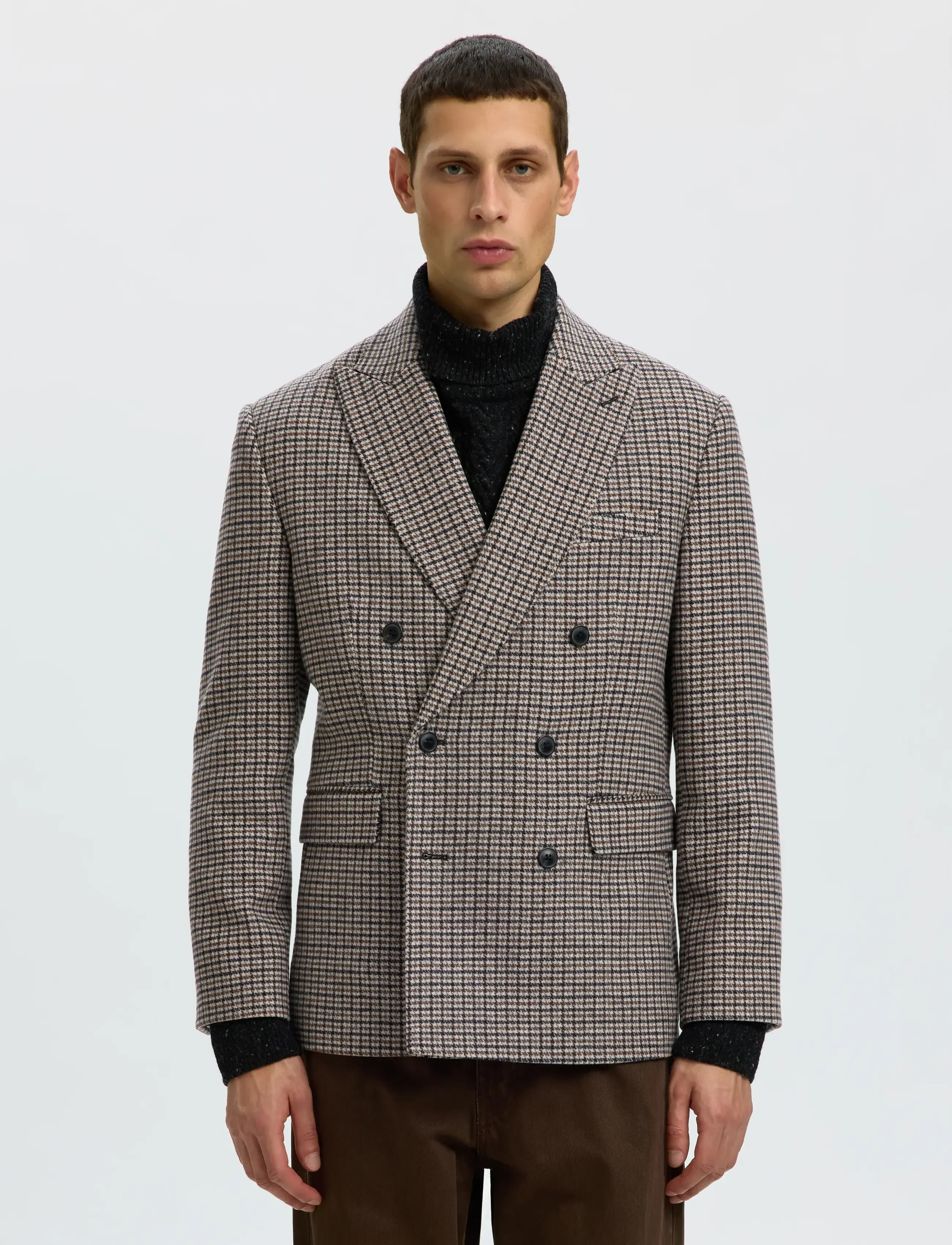 Selected SLMREG-MORRIS CHK WOOL BLEND DB BLZ - Collections - MEDIUM GREY MELANGE / beige