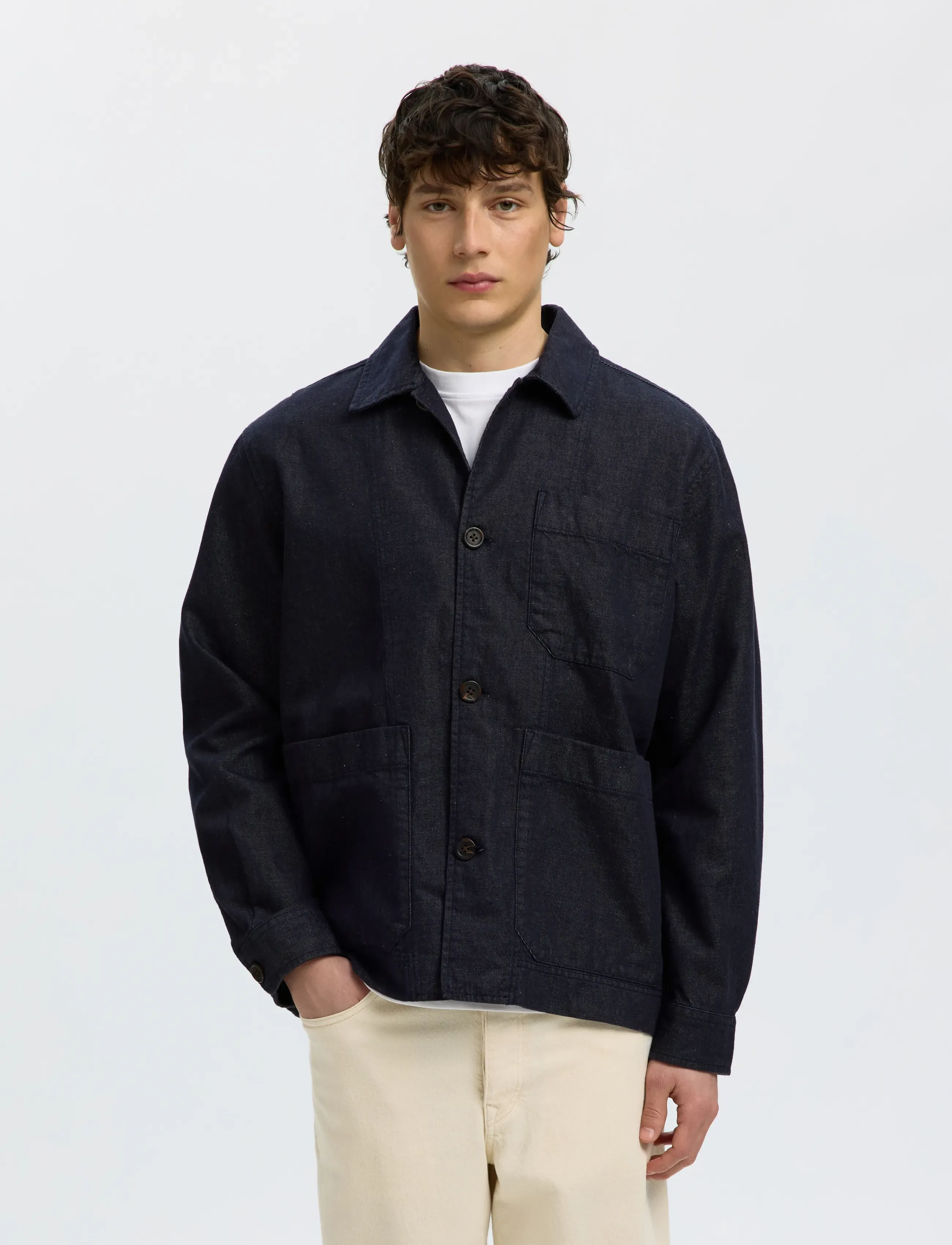 Selected SLMFRANK DENIM OVERSHIRT - Ofodrade jeansjackor - DARK BLUE DENIM / brown