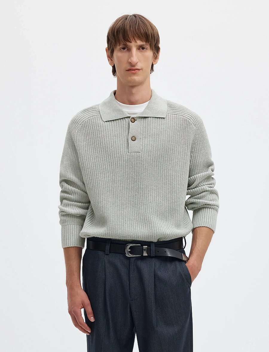Selected - SLMPIM LS KNIT POLO CAMP - pikkade varrukatega kootud polod - light grey melange - 0