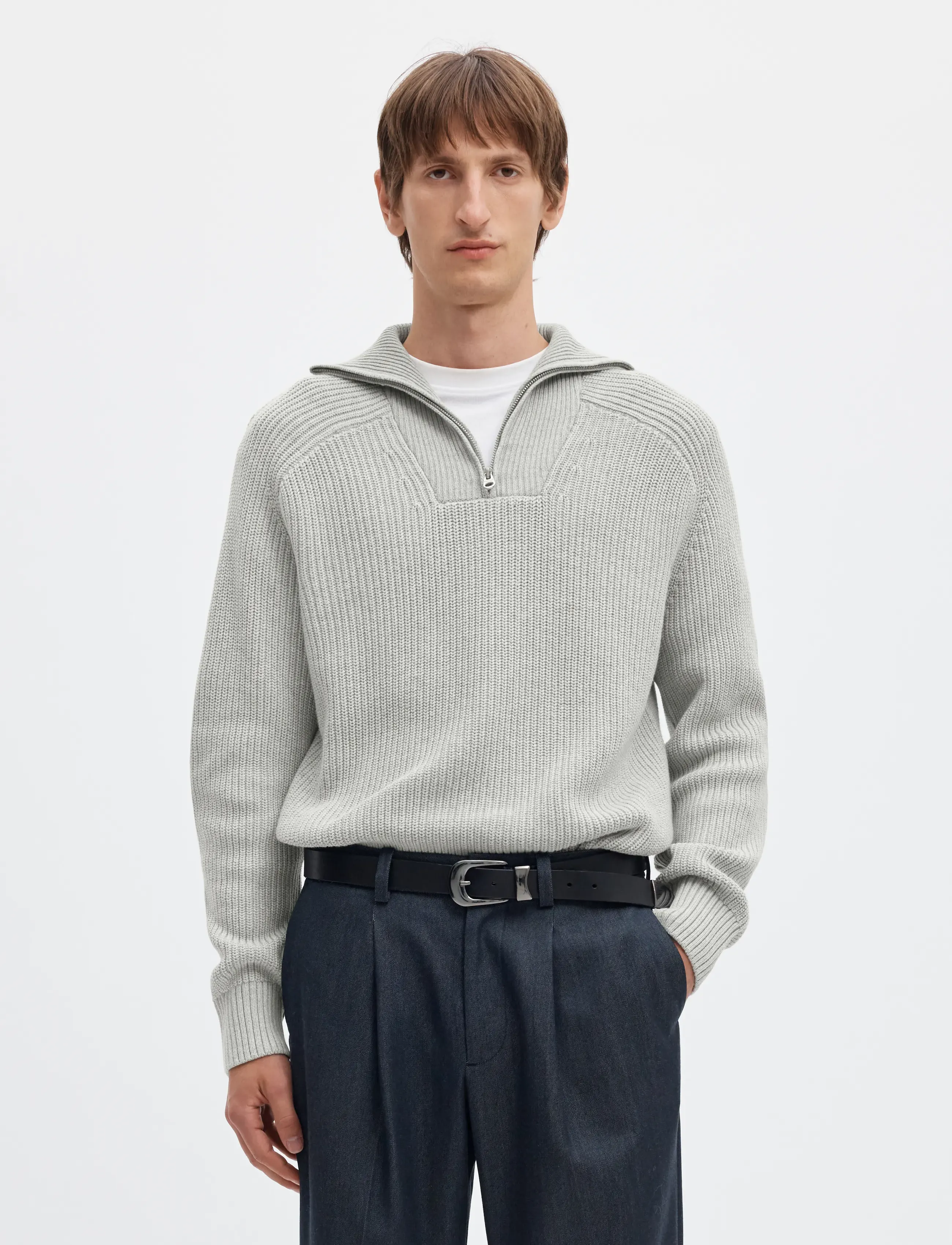 Selected SLMPIM LS KNIT HALF ZIP CAMP - Looks for less - LIGHT GREY MELANGE / grey