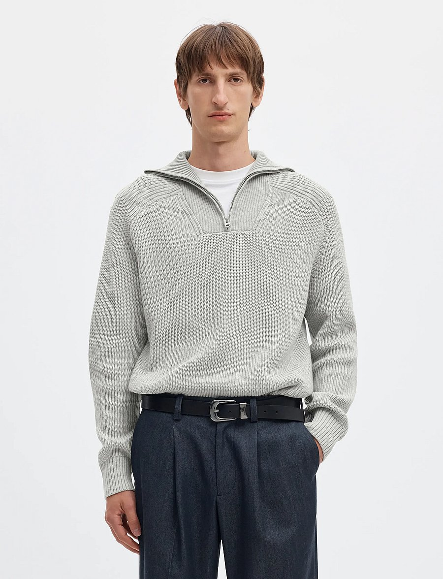 Selected - SLMPIM LS KNIT HALF ZIP CAMP - poolpika lukuga džemprid - light grey melange - 0