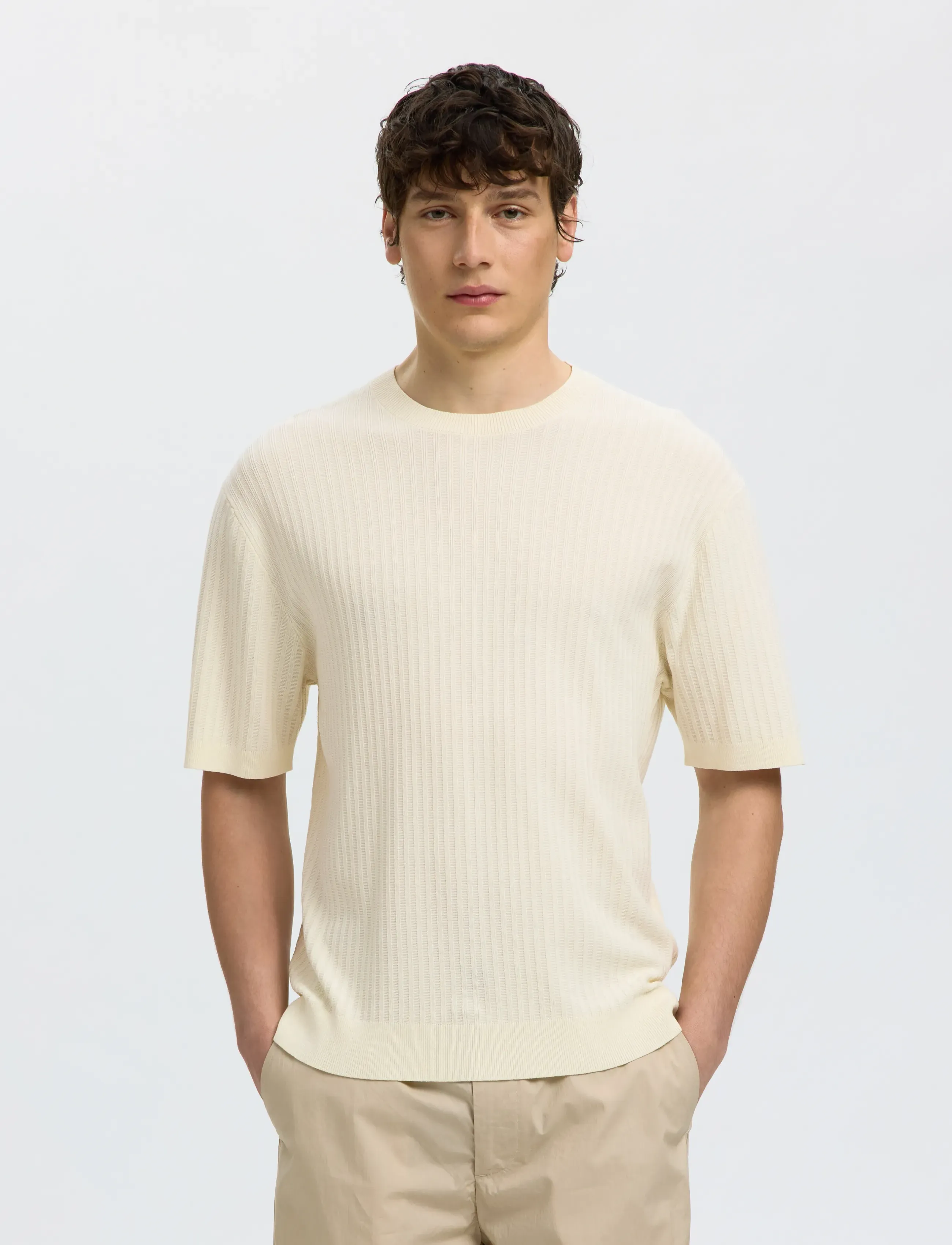 Selected Slmhenry Ss Knit Structure Tee, XL, T-shirts, Creme - Short-sleeved, Männerswear