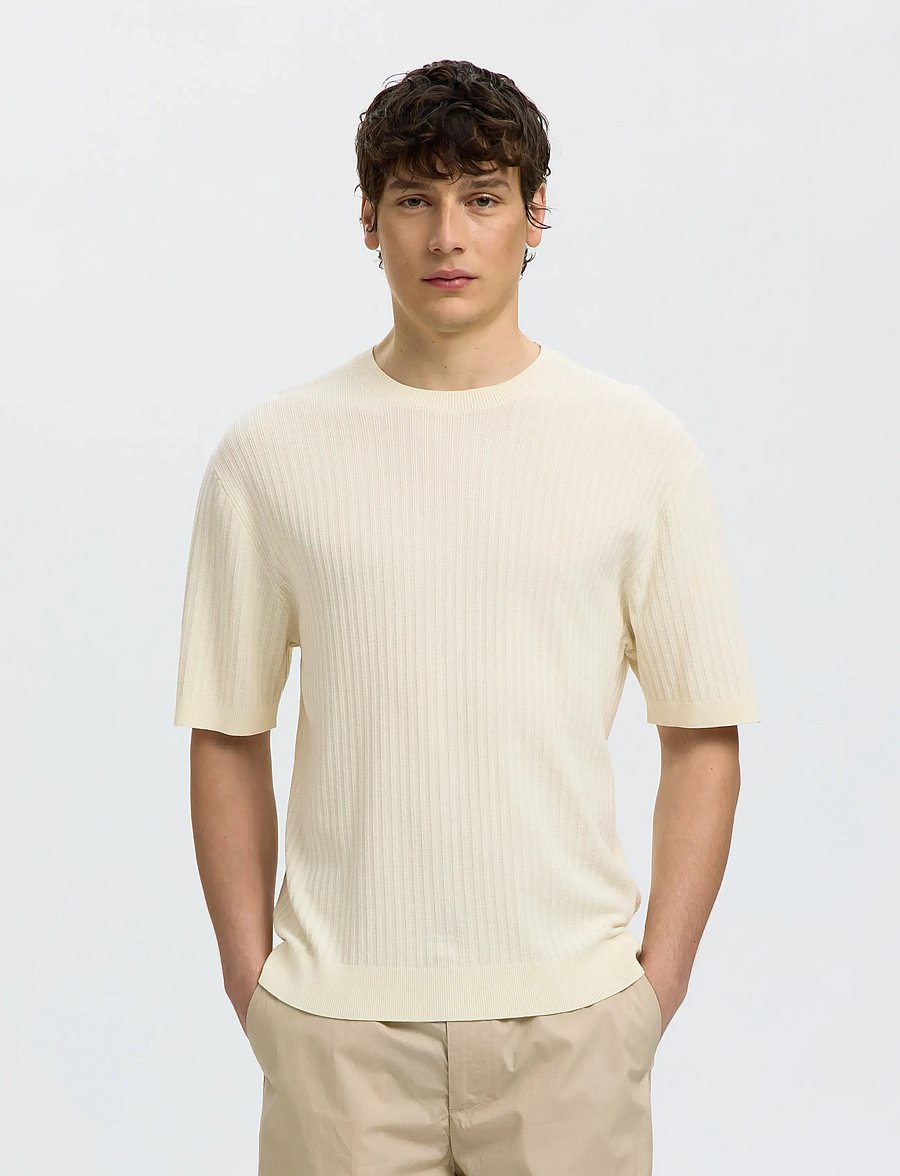 Selected - SLMHENRY SS KNIT STRUCTURE TEE - kurzärmelige t-shirts - egret - 0