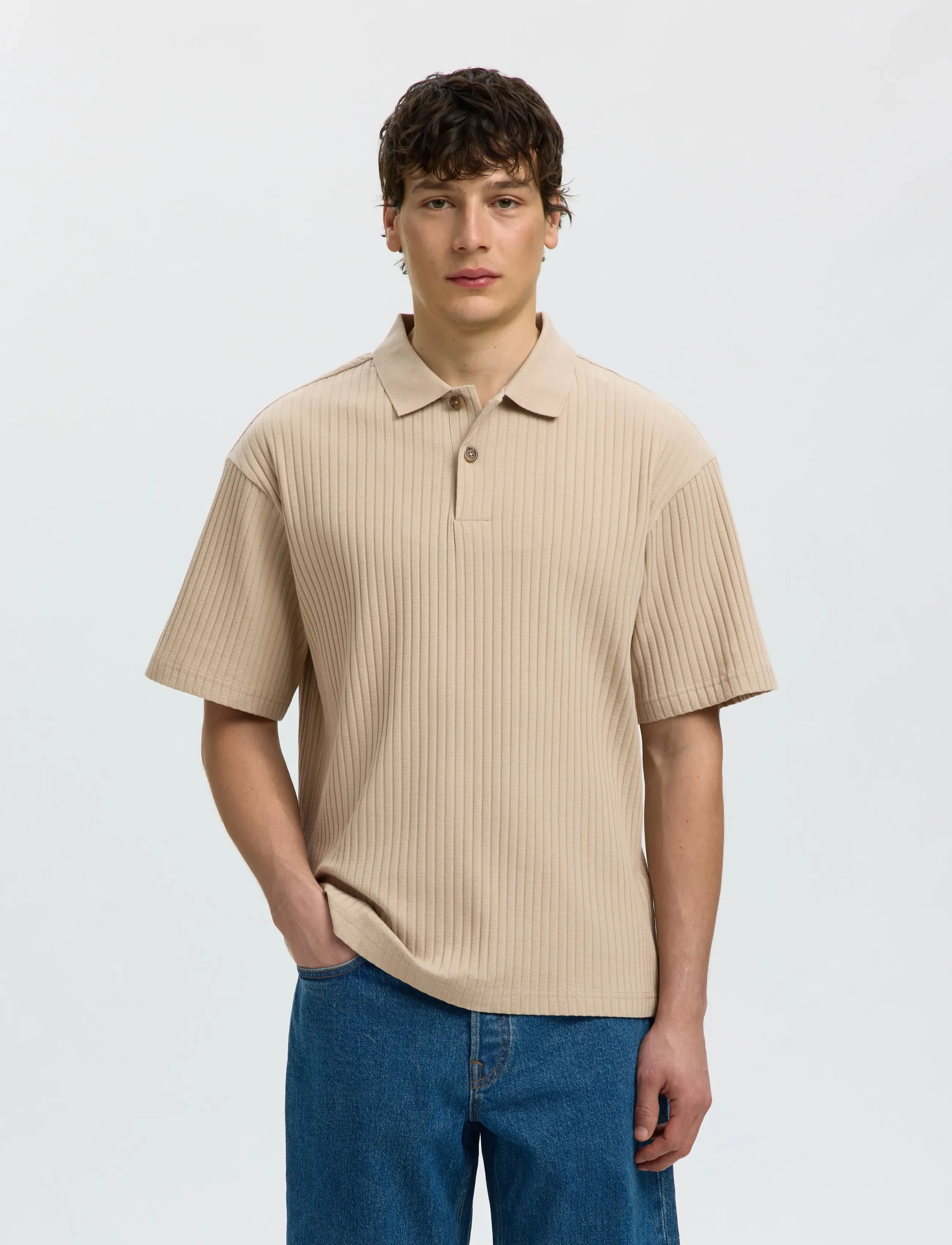 Selected SLMRELAXSIMON RIBBED SS POLO - Kurzärmelig - PURE CASHMERE / beige