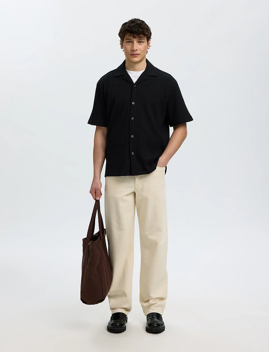 Selected - SLMRELAXSIMON RIBBED SS OVERSHIRT - Überhemden - black - 5