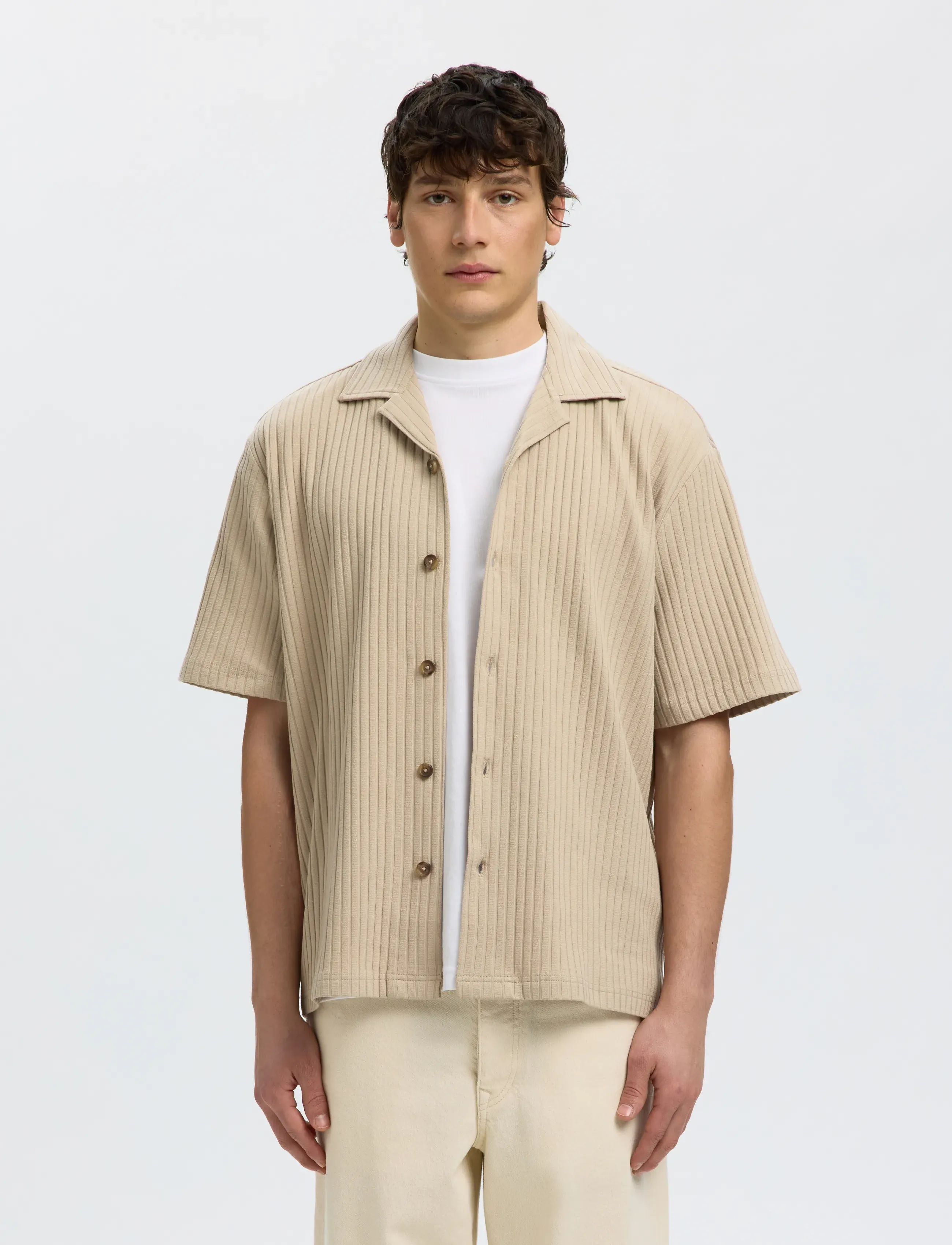 Selected Slmrelaxsimon Ribbed Ss Overshirt, S, Beige, Overdele > Overtrøjer, Herre