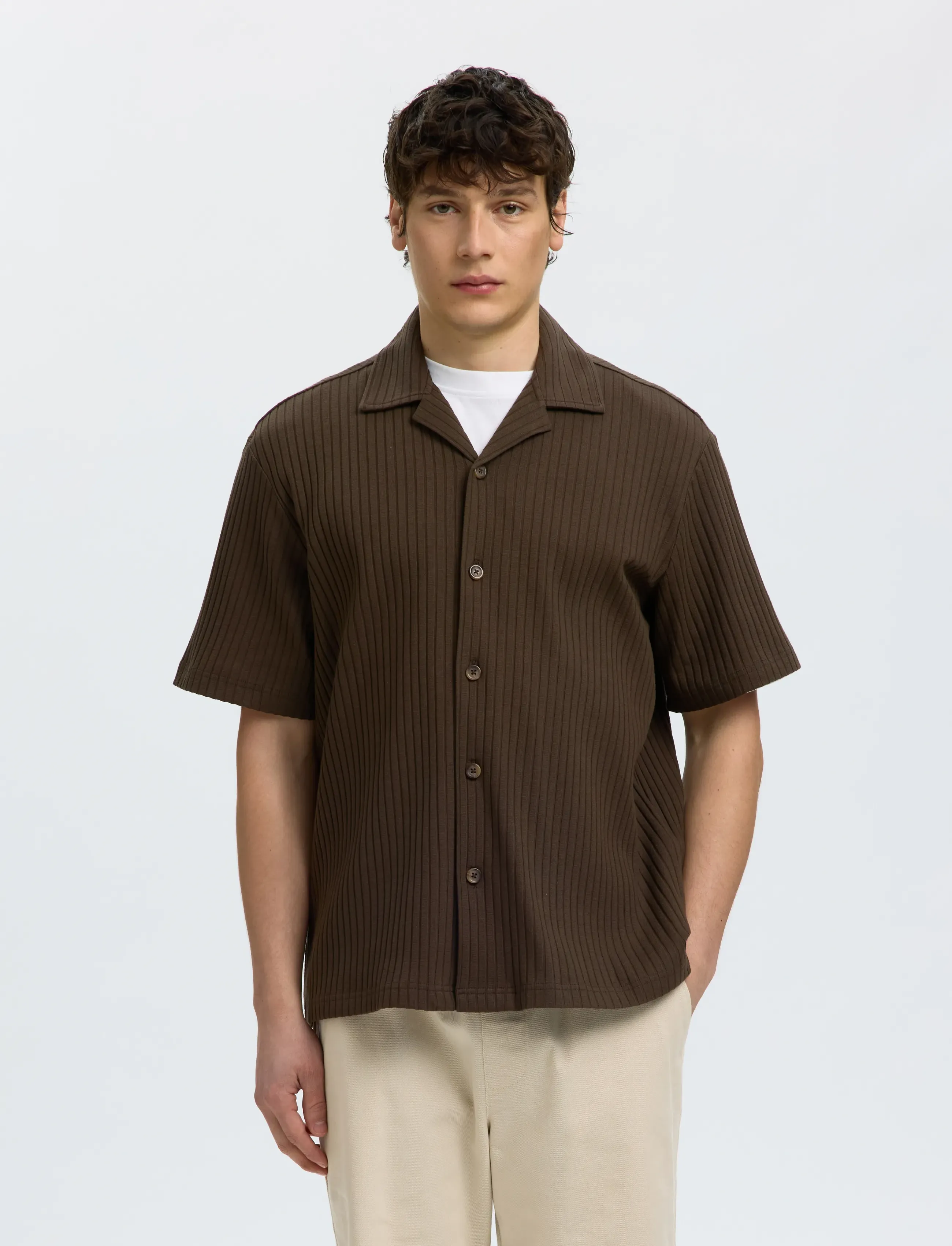 Selected Slmrelaxsimon Ribbed Ss Overshirt, L, Brown, Overdele > Overtrøjer, Herre