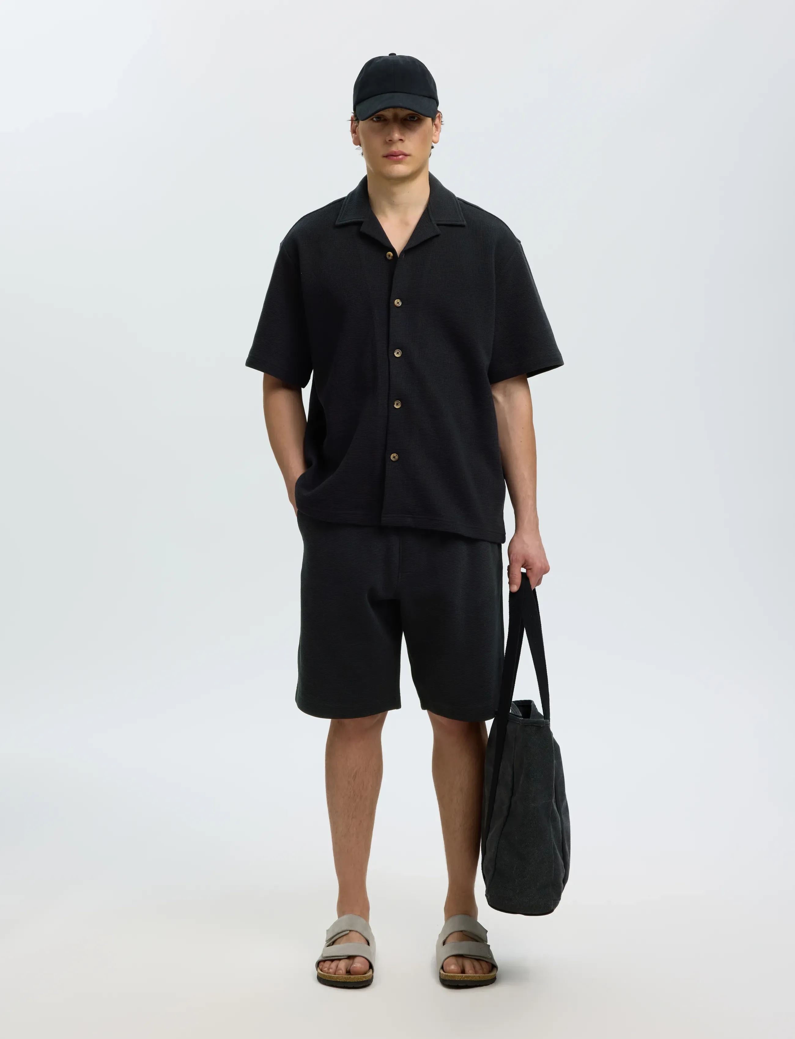 Selected - SLMRELAXSONNY WAFFLE SHORTS - sweatshorts - black - 5