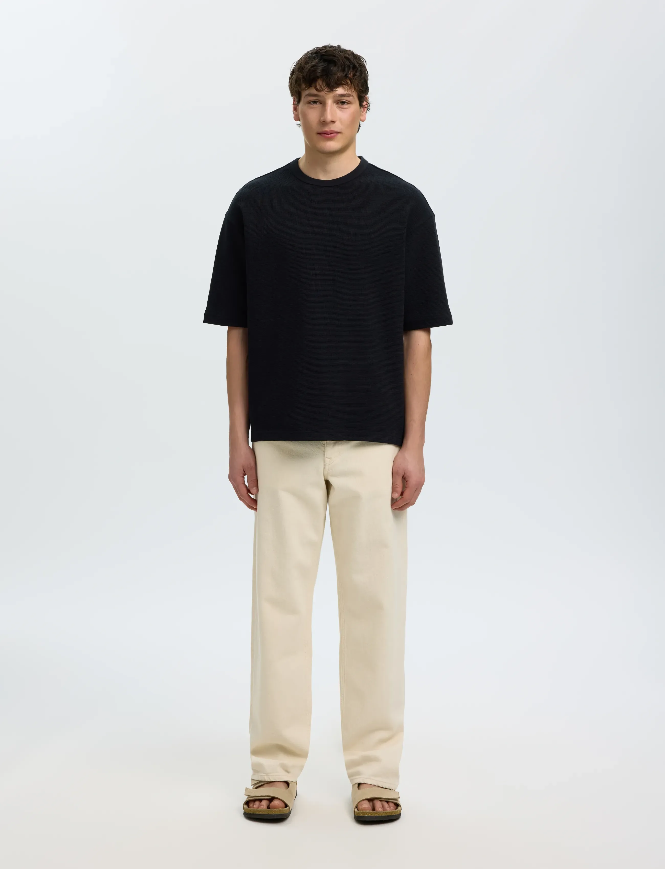 Selected - SLMRELAXSONNY WAFFLE SS O-NECK TEE - stutterma bolir - black - 3