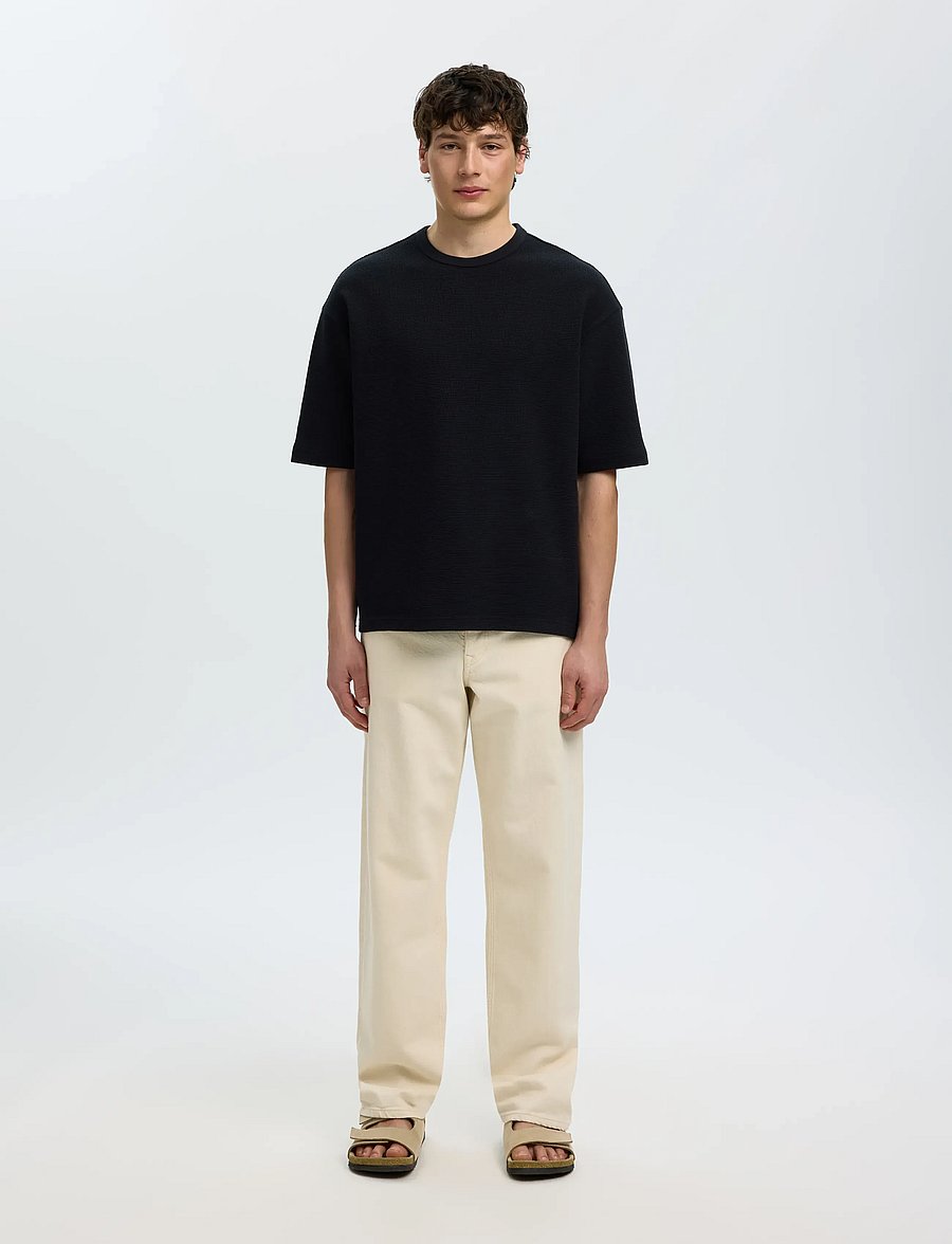 Selected - SLMRELAXSONNY WAFFLE SS O-NECK TEE - kurzärmelige t-shirts - black - 3