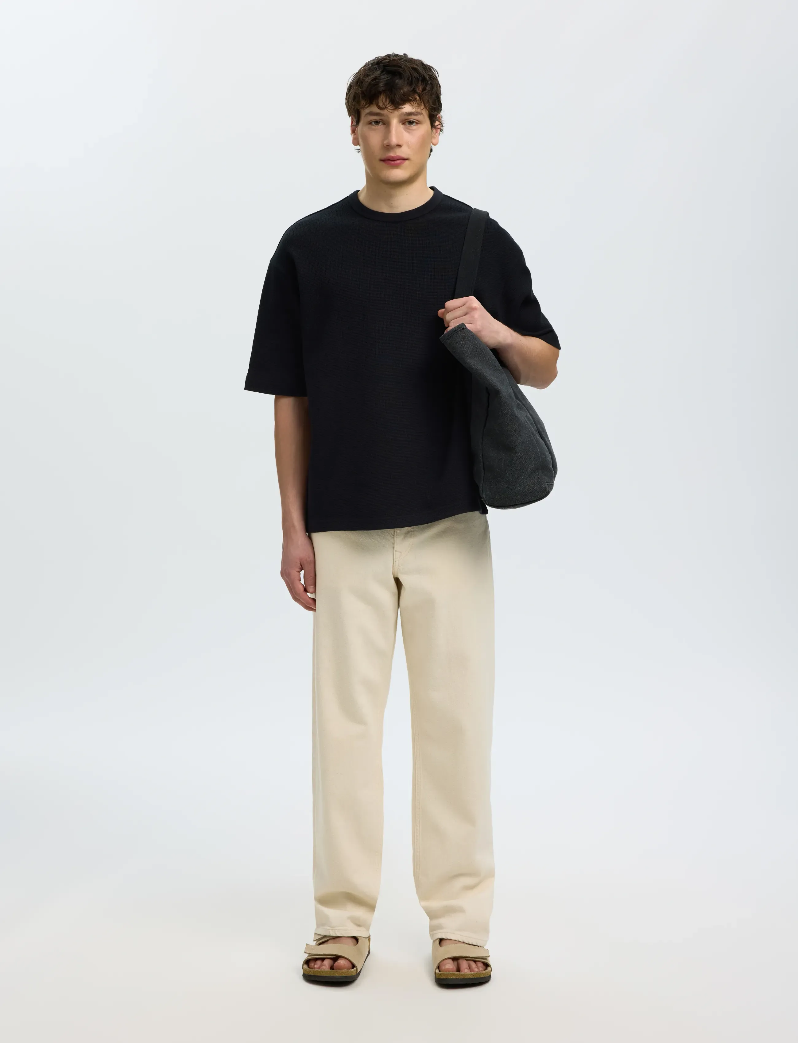 Selected - SLMRELAXSONNY WAFFLE SS O-NECK TEE - stutterma bolir - black - 5