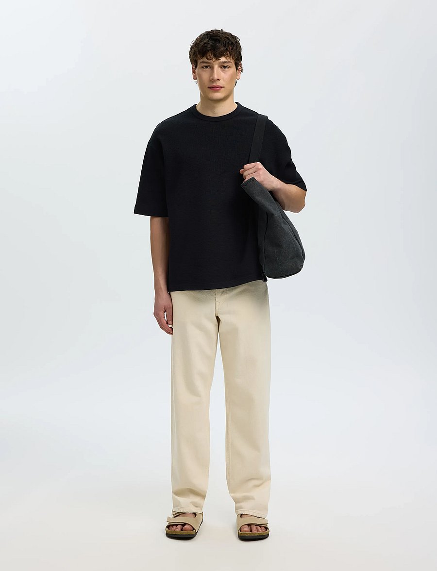 Selected - SLMRELAXSONNY WAFFLE SS O-NECK TEE - kurzärmelige t-shirts - black - 5