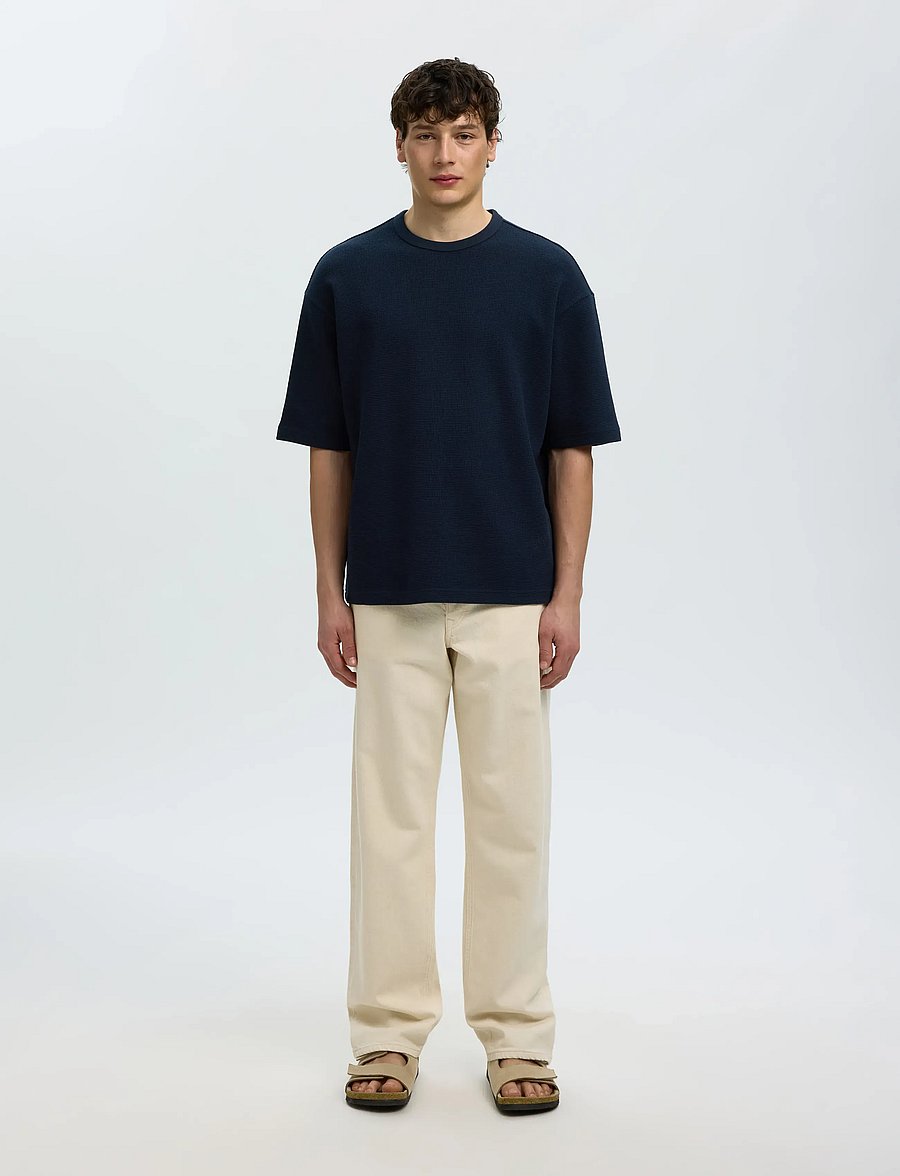 Selected - SLMRELAXSONNY WAFFLE SS O-NECK TEE - kortärmade t-shirts - sky captain - 3