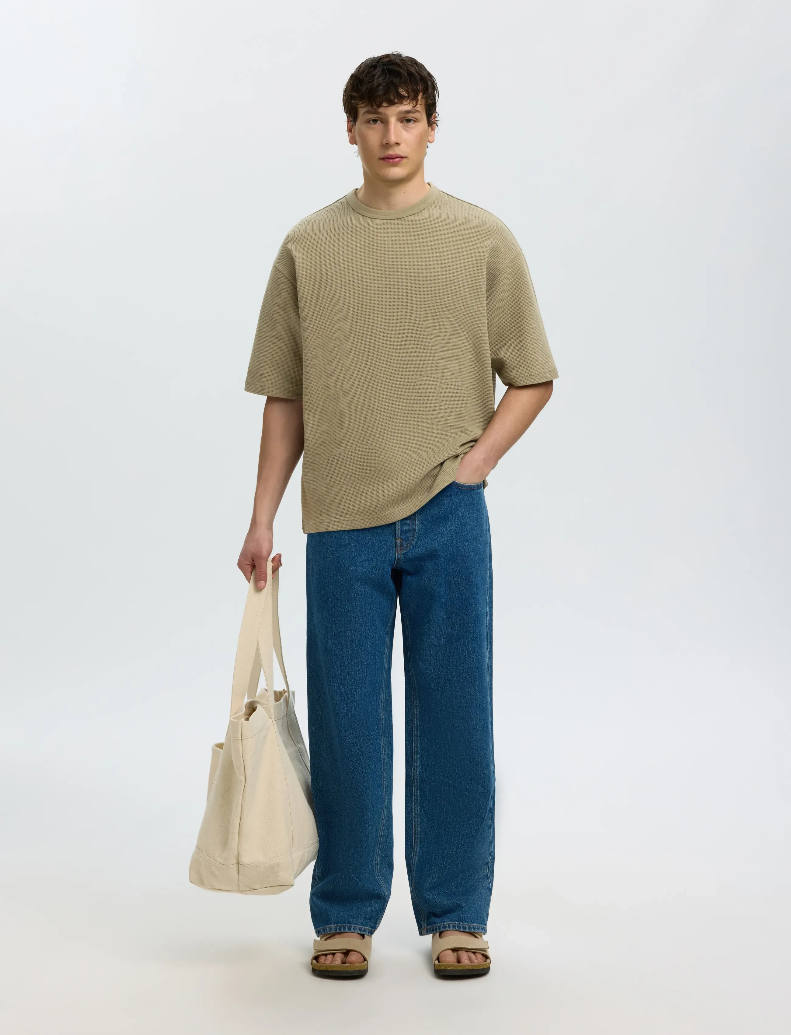 Selected - SLMRELAXSONNY WAFFLE SS O-NECK TEE - kurzärmelige t-shirts - vetiver - 5