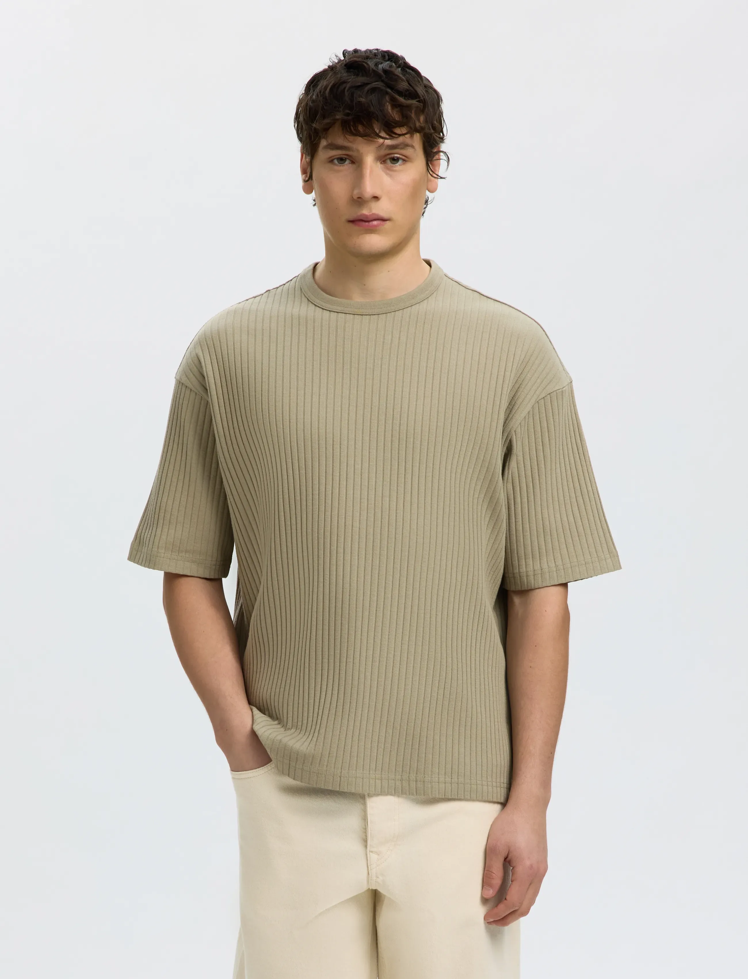 Selected Slmrelaxsimon Ribbed Ss Tee, Mænd, Ribstrikket Kortærmet T-Shirt, Kakigrøn, Str: M