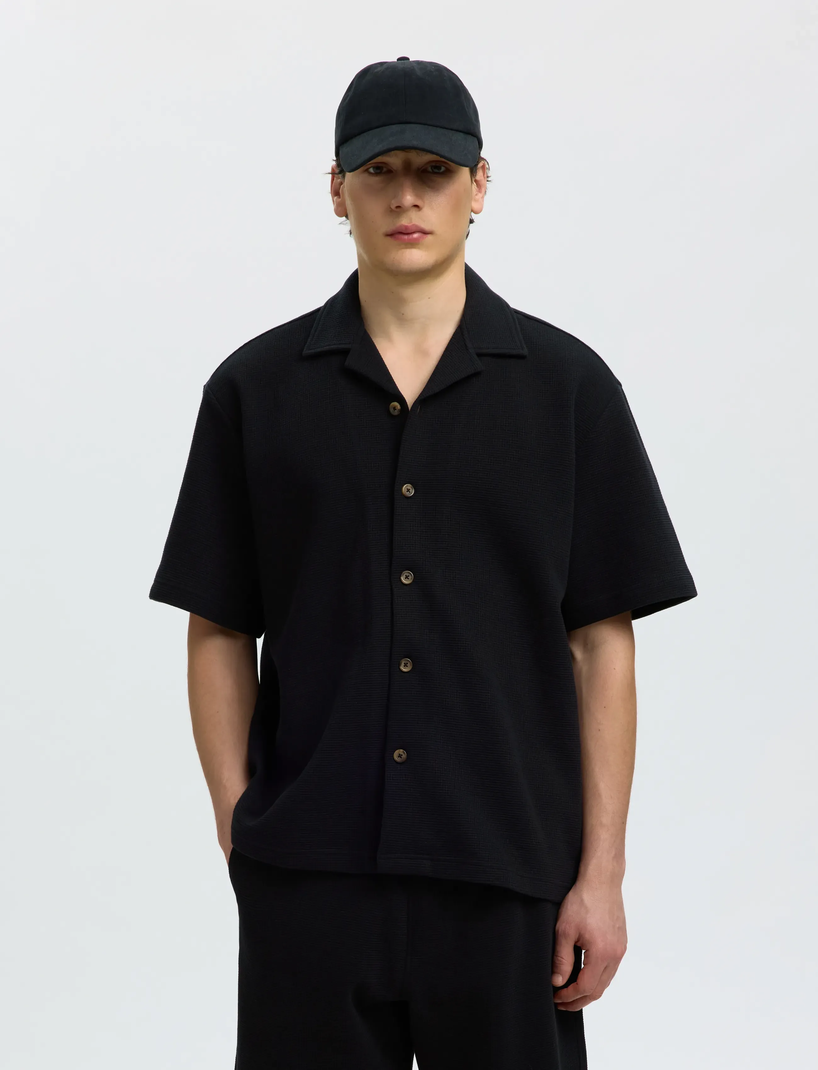 Selected SLMRELAXSONNY WAFFLE SS OVERSHIRT - Deals - BLACK / black