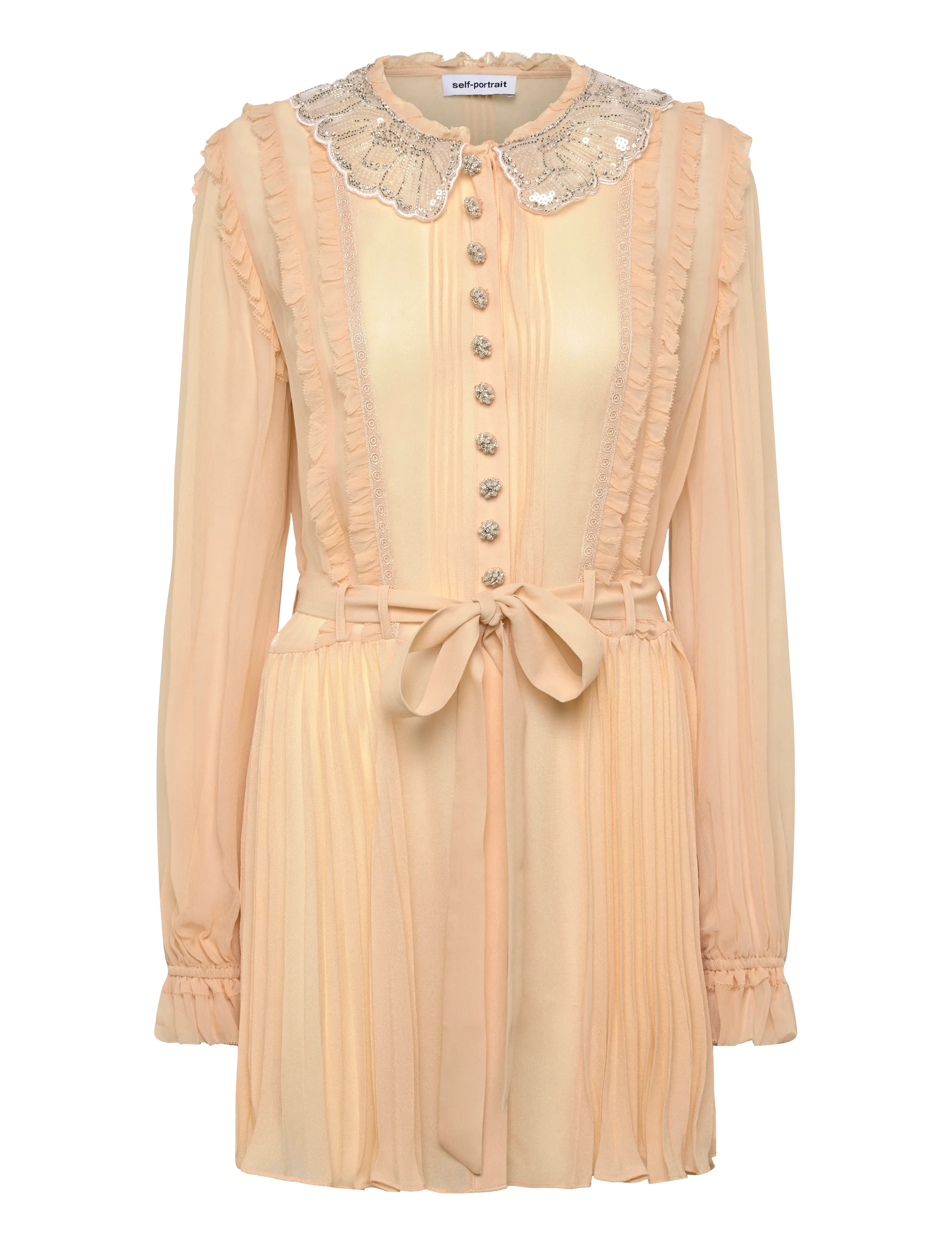 Self Portrait Tan Pleated Georgette Mini Dress, 38, Dresses, Beige - Short Frauen