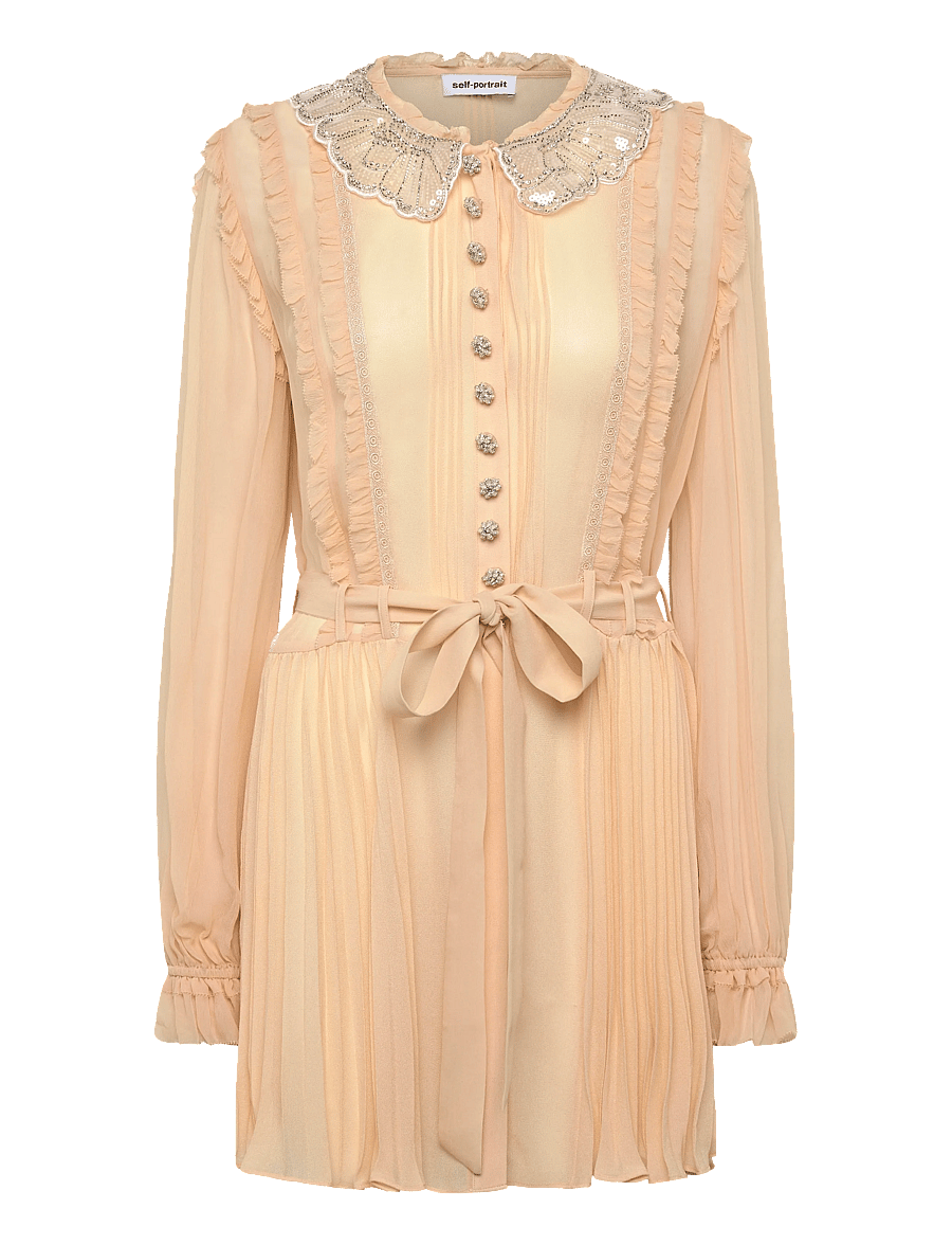 Self Portrait - Tan pleated georgette Mini Dress - kurze kleider - beige - 0