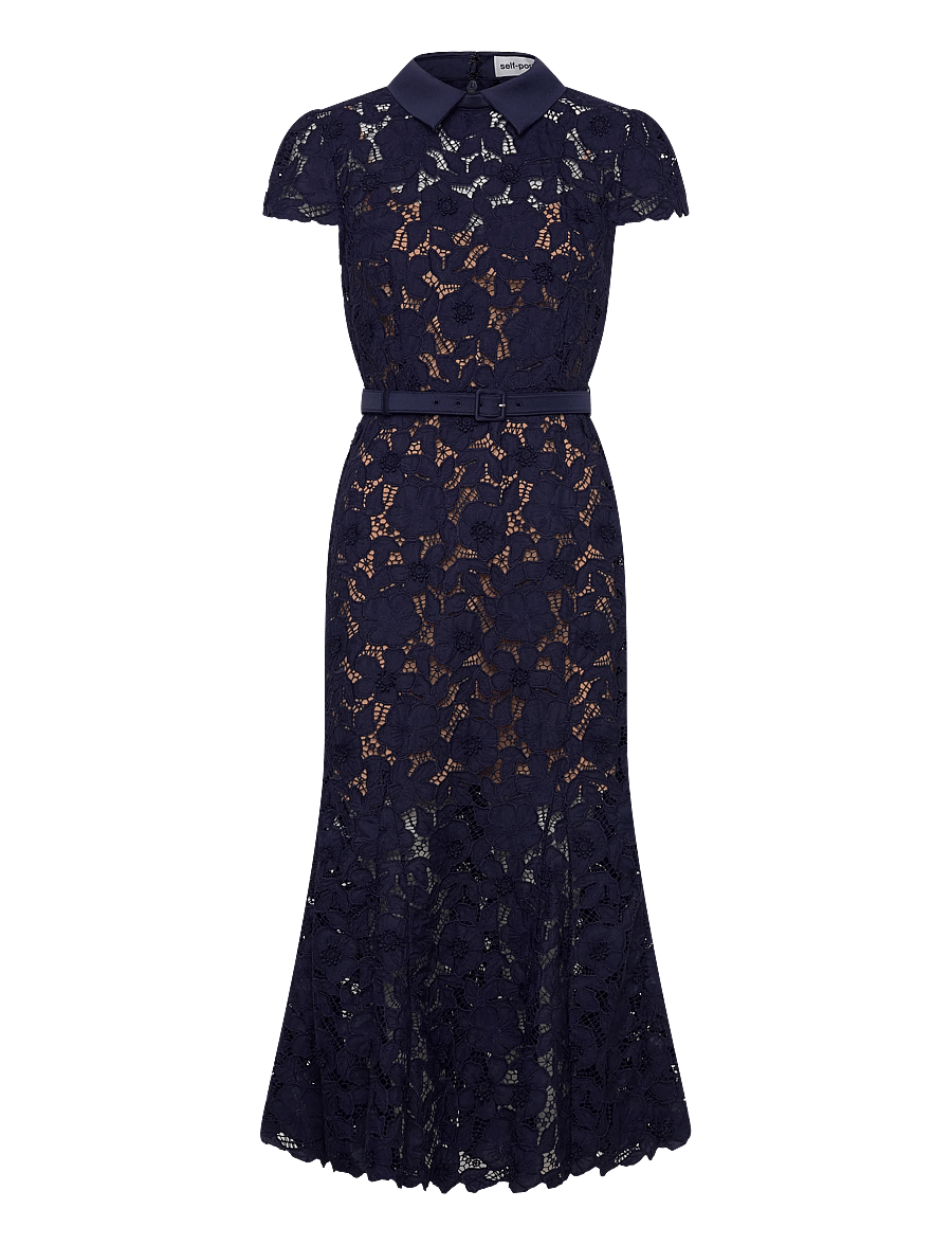 Self Portrait - Belted guipure lace Midi Dress - spitzenkleider - blue - 0
