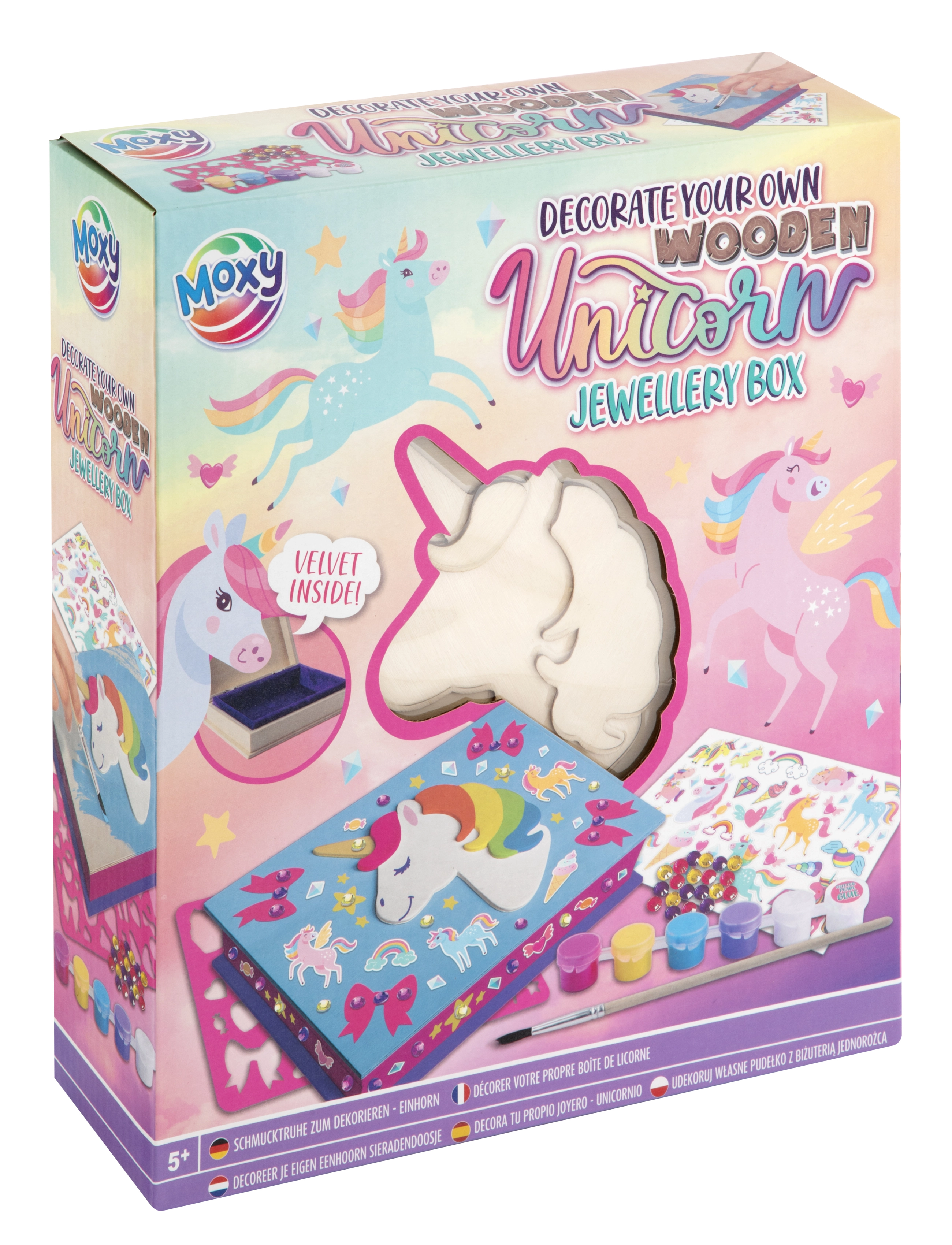 DYO Wooden Unicorn Jewellery Box +6 paint/stickers - RED