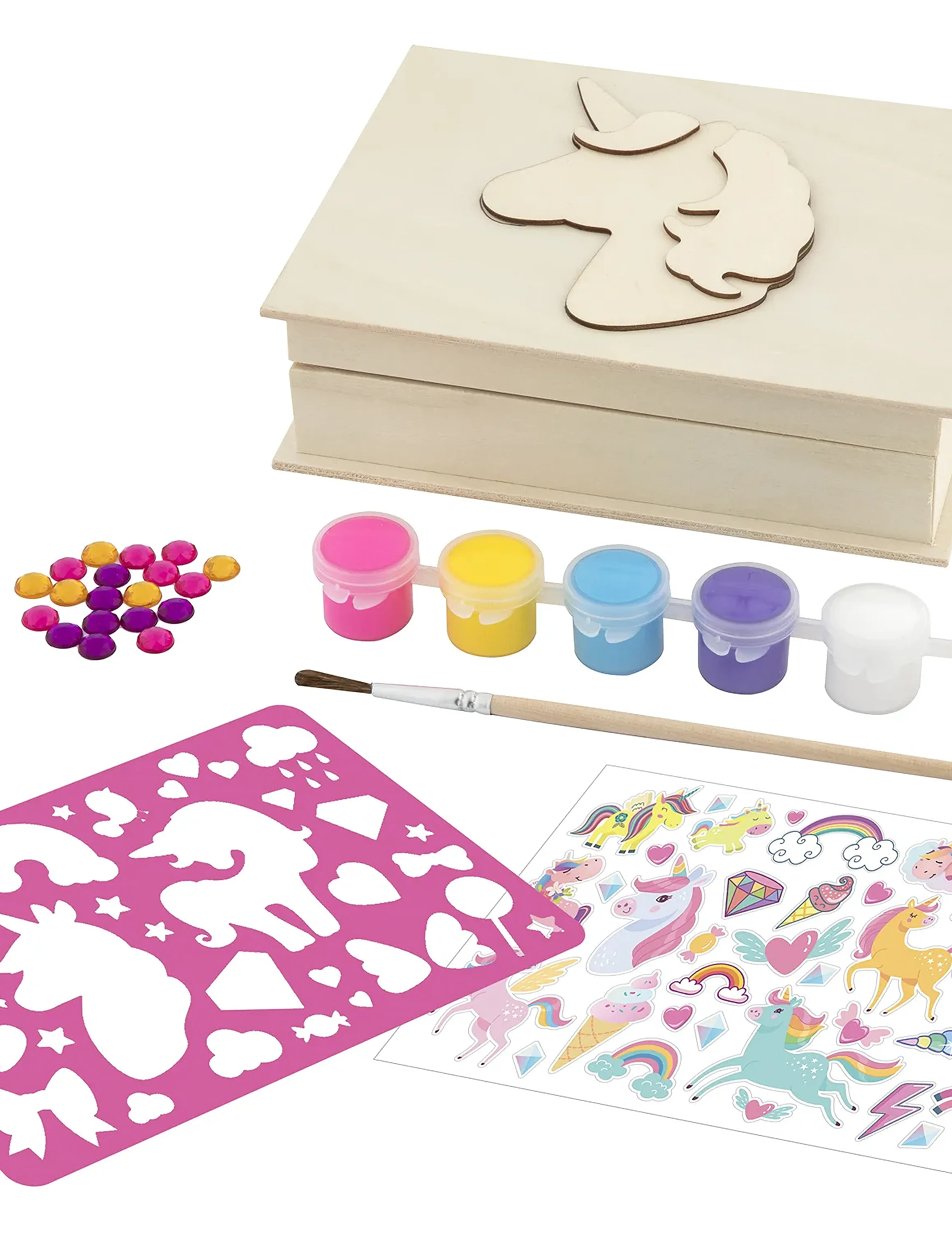 Sense Dyo Wooden Unicorn Jewellery Box +6 Paint/Stickers, Børn, Enhjørning Smykkeskrin Hobbysæt, Multi/mønstret, Str: ONE SIZE