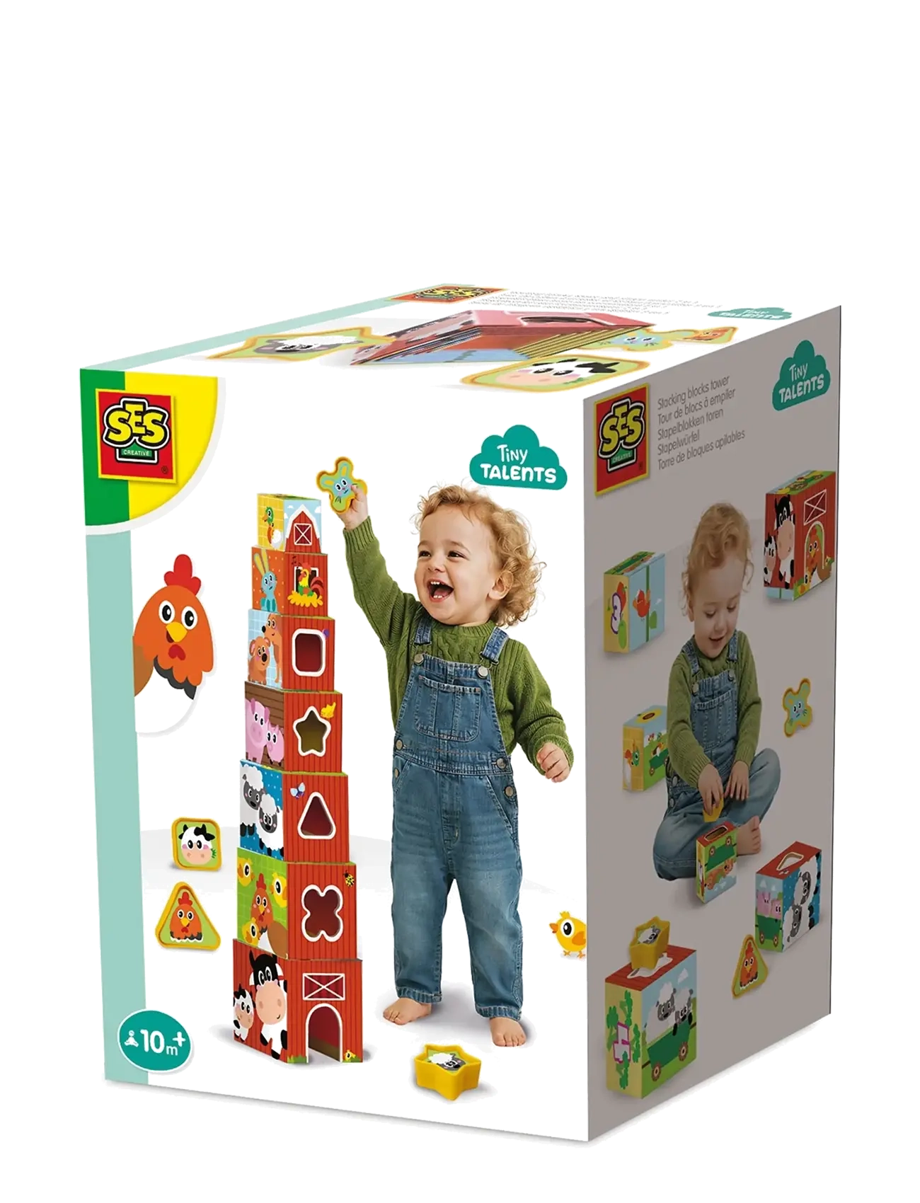 SES Creative Stacking Blocks Tower And Shape Sorter 2In1 Farm Animals, One Size, Educational Spielzeug, Mehrfarbig/gemustert - Stackable Blocks, Kinde