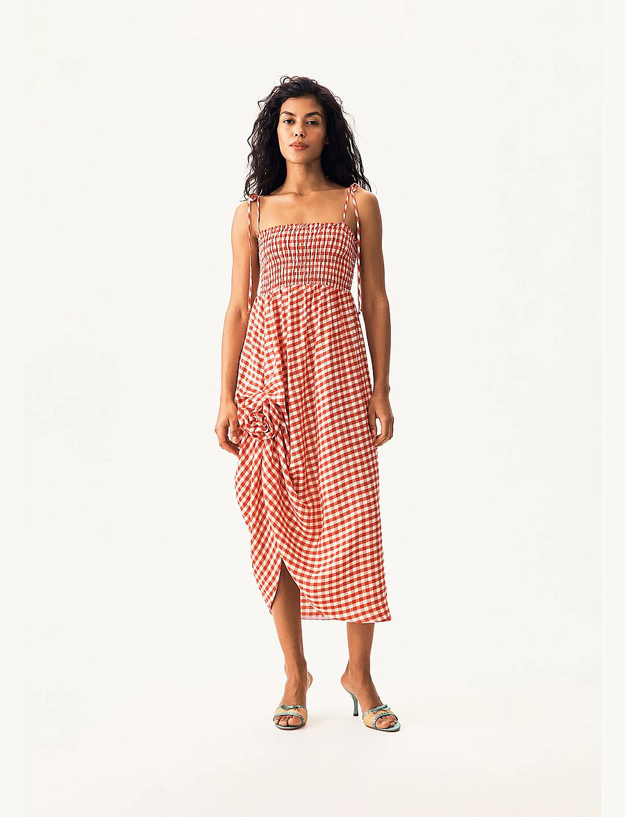 Sleeper - Atlanta Linen Strap Dress with Rose - white&red - 0
